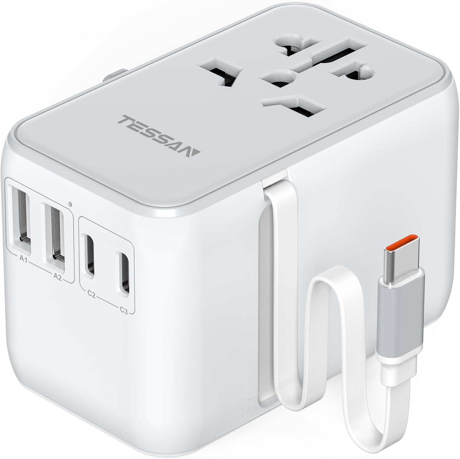 Detalle de Adattatore universale da viaggio TESSAN con cavo USB-C retrattile 35 W: 4 USB + 1 presa CA