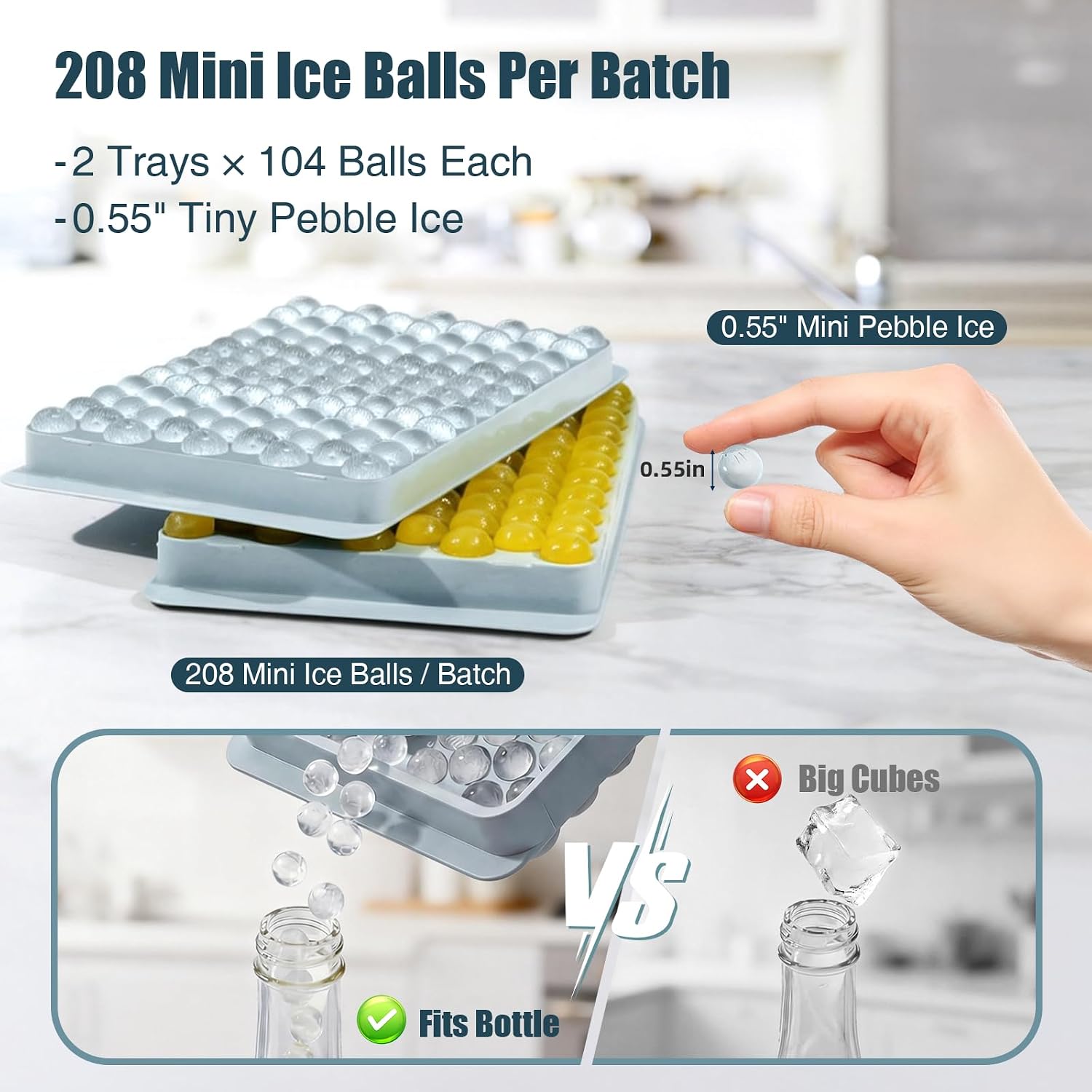 Thumbnail 3 de WIBIMEN Mini Pebble Ice Trays with Lid — 2-Pack, 0.55" Ice for Bottles, Easy Twist Release