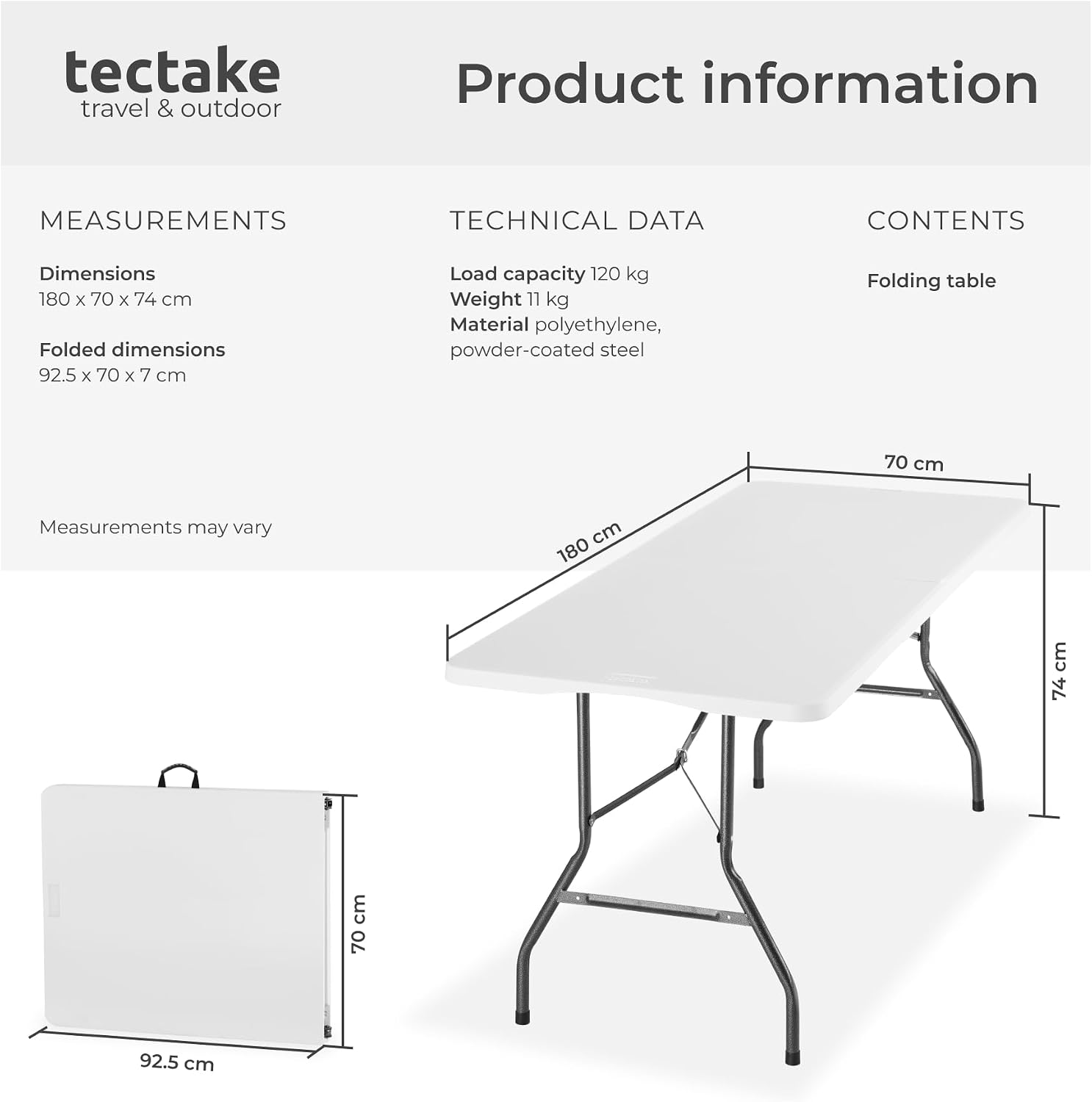 Detalle 2 de tectake Panja II 406622 hopfällbart campingbord, 180 × 70 × 74 cm, vitt
