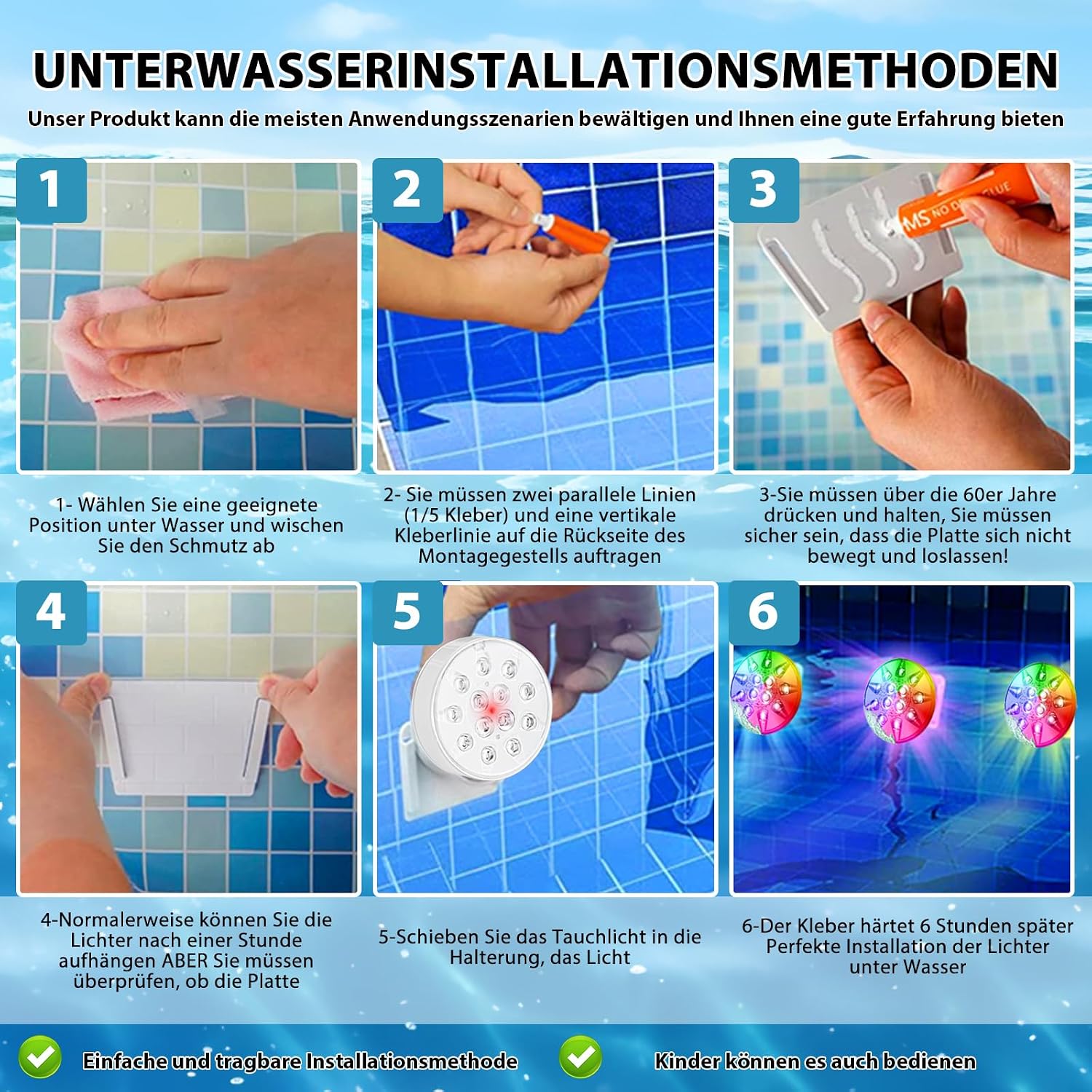 Detalle de HOSPAOP Unterwasser-LED-Lichtset (2er) – Wiederaufladbar, IP68, RF-Fernbedienung, RGB mit Timer