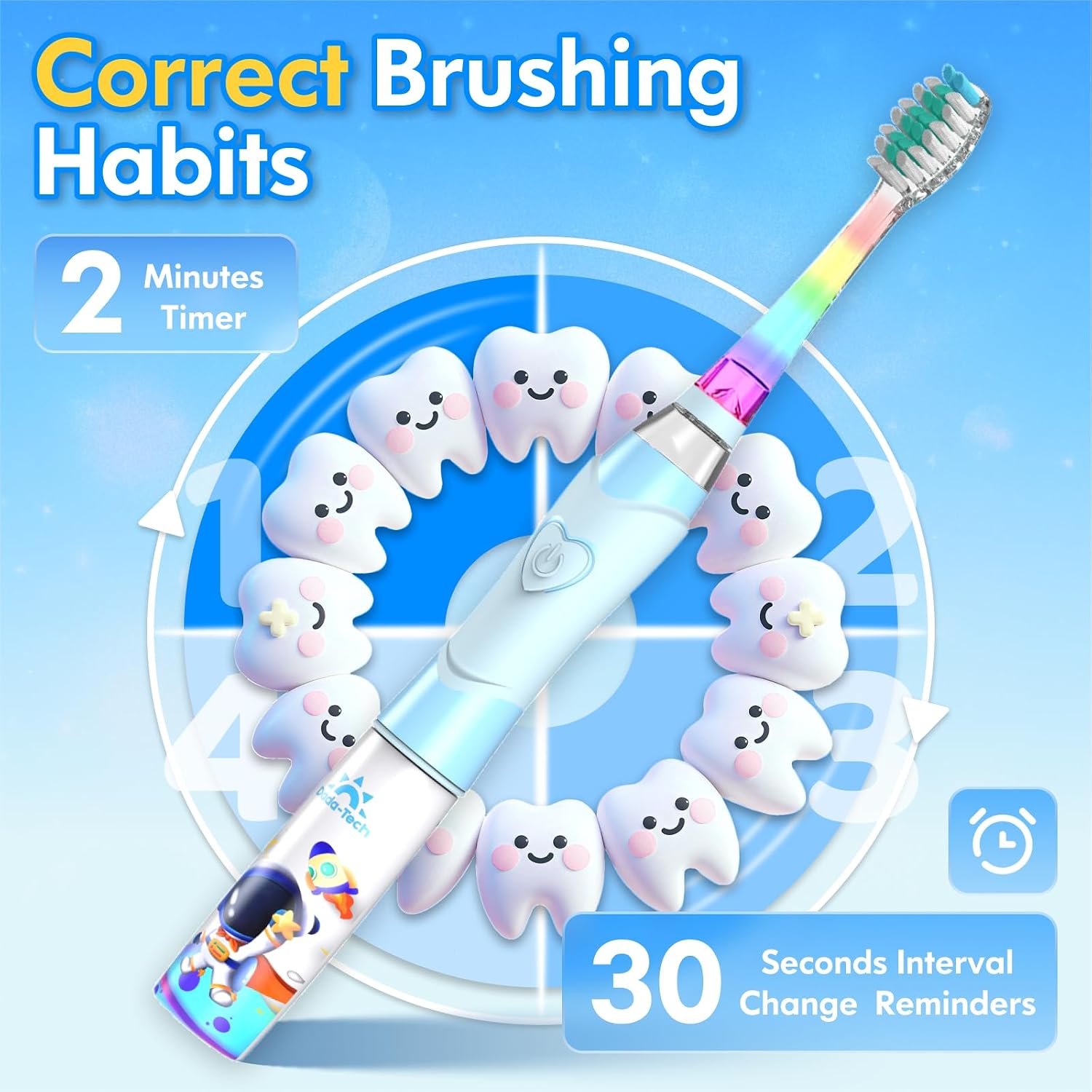 Detalle 2 de Kids Electric Toothbrush (3-5-6-12) with Timer, Rainbow LED & Sonic Vibration – Astronauts Blue