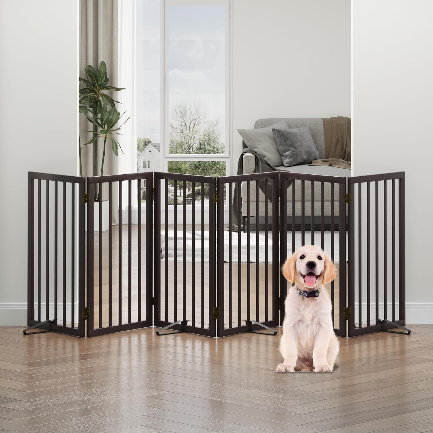 Detalle de Hundegitter für Türen – hohe, freistehende 6 Paneele (braun) aus Massivholz