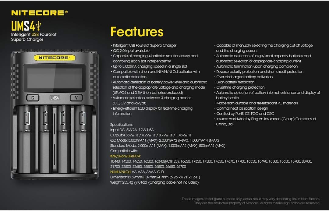 Detalle de Nitecore UMS4 USB-batterijlader met vier laadpoorten en maximaal 3000 mA