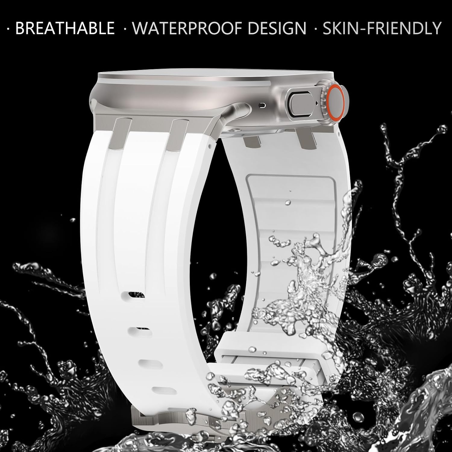 Detalle 2 de NewWays silicone strap with stainless steel connectors (White/Titanium) for Apple Watch 42mm/41mm/40mm/38mm