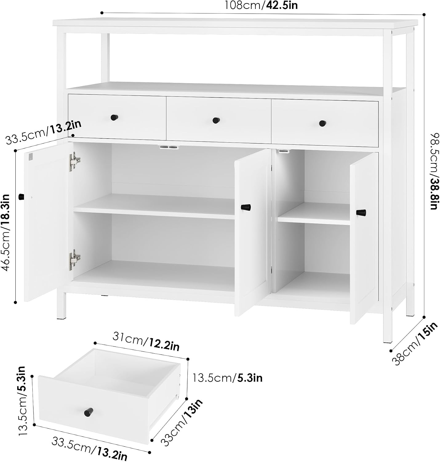 Detalle de FirFurd P030 White Sideboard Storage Cabinet with 3 Doors, 3 Drawers and Adjustable Shelves