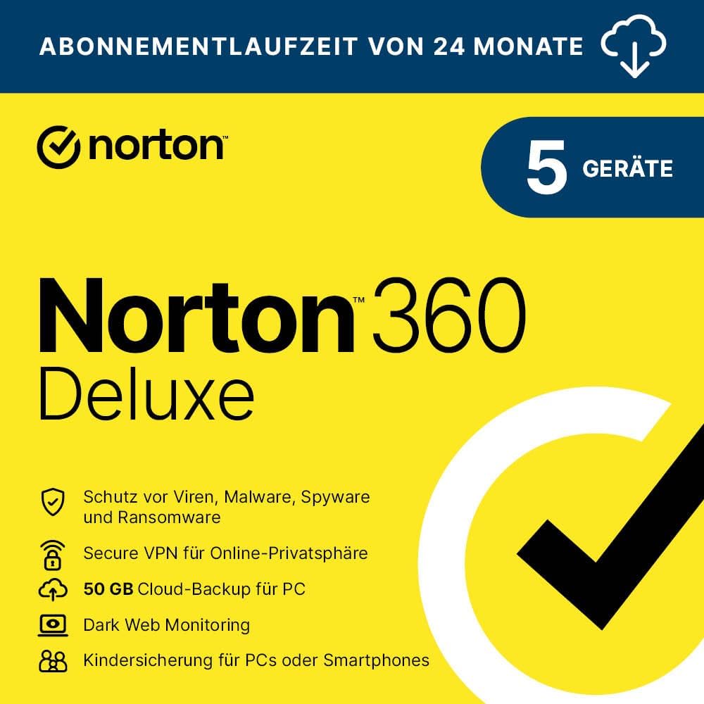 Norton 360 Deluxe 2026 – 2 Jahre Prepaid-Abo für 5 Geräte (Aktivierungscode per E-Mail)