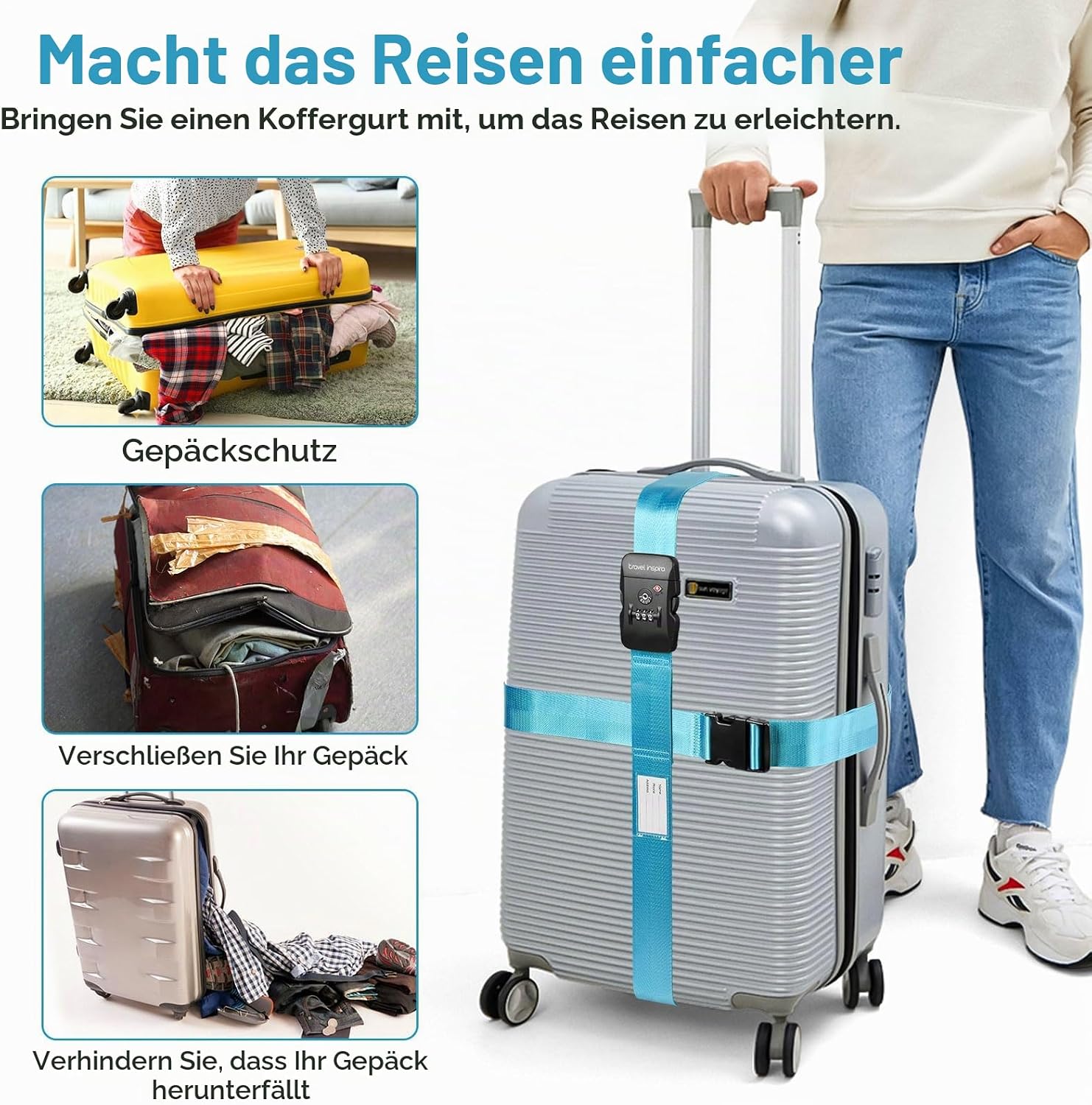 Thumbnail 5 de travel inspira TSA Koffergurt mit Namensschild, Kreuzbefestigung, 20–34 Zoll, Leuchtblau