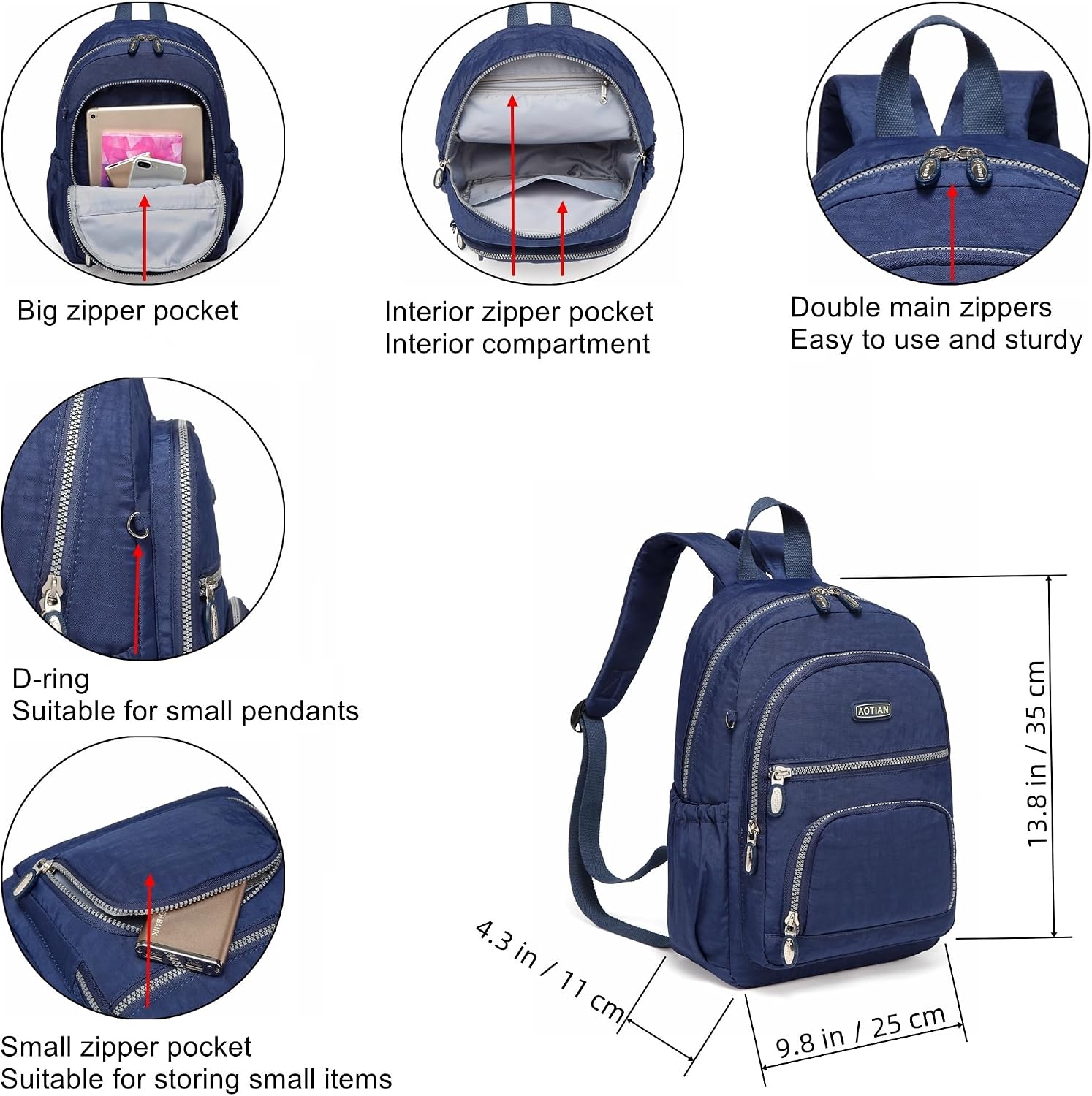 Detalle de AOTIAN Women’s Lightweight Sturdy Nylon Handy Backpack (9 L) – Blue
