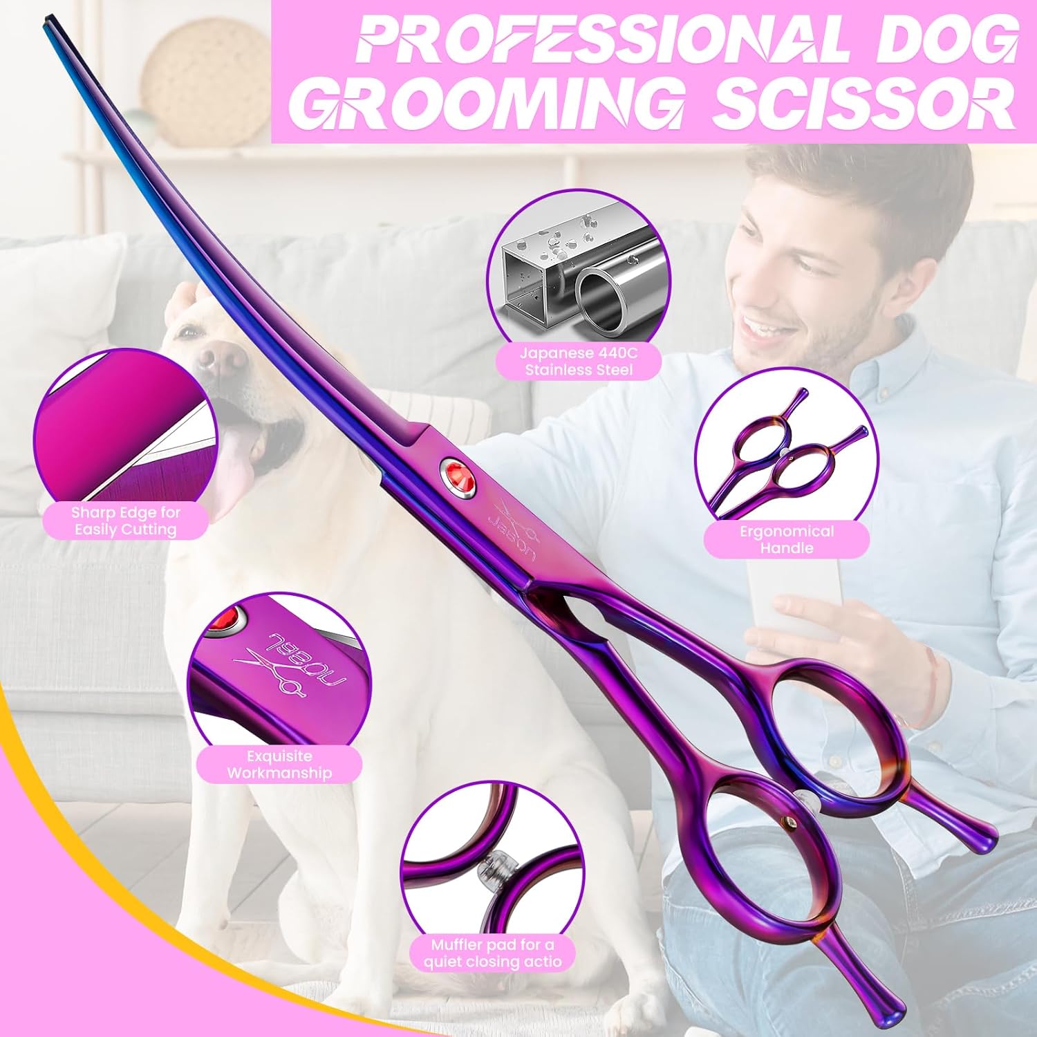Detalle de Ciseaux professionnels courbes JASON 7,5" pour chiens et chats – violet