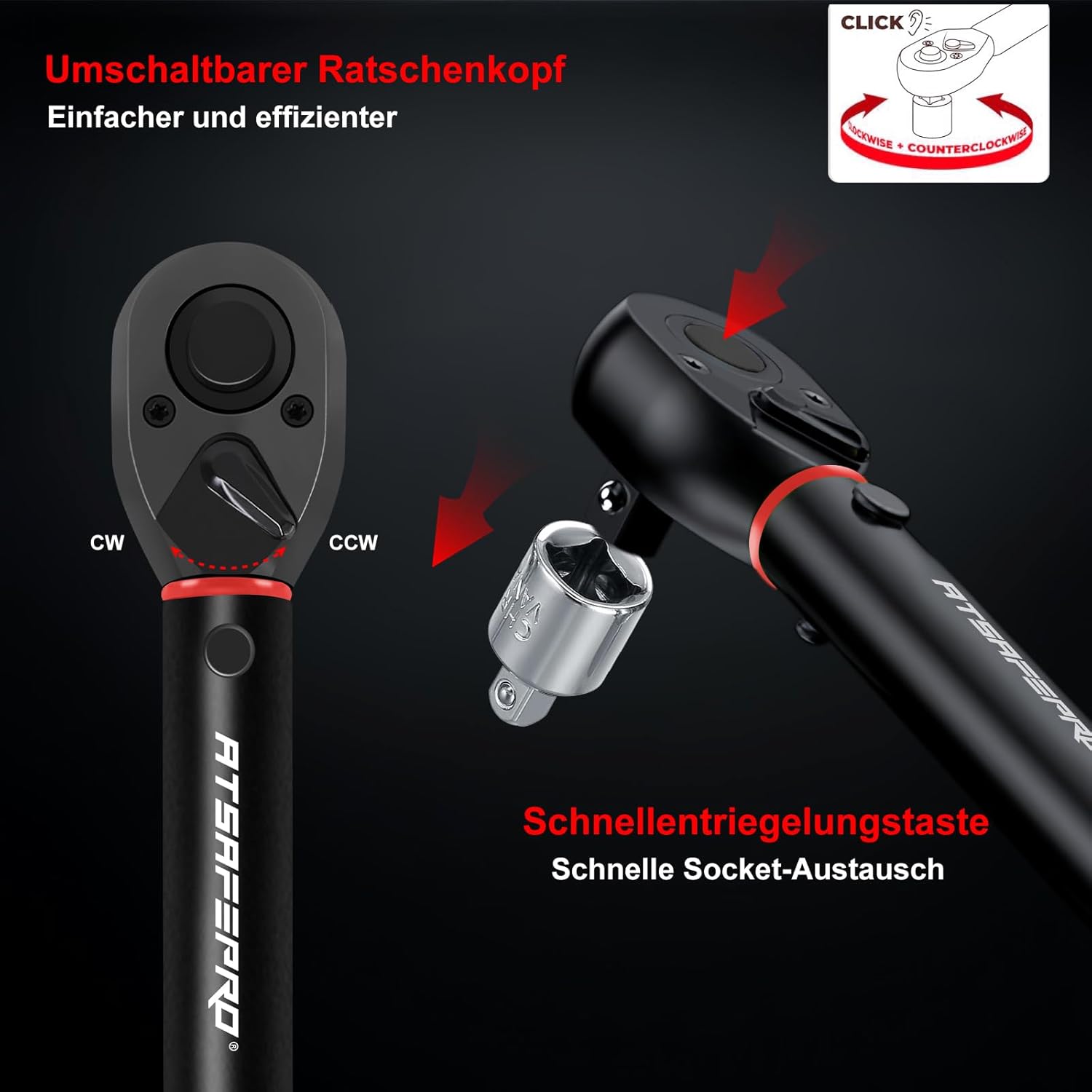 Thumbnail 2 de ATsafepro 1/4" Drehmomentschlüssel fürs Fahrrad (3–25 Nm) mit Bits, magnetischer Ratsche und Verlängerung