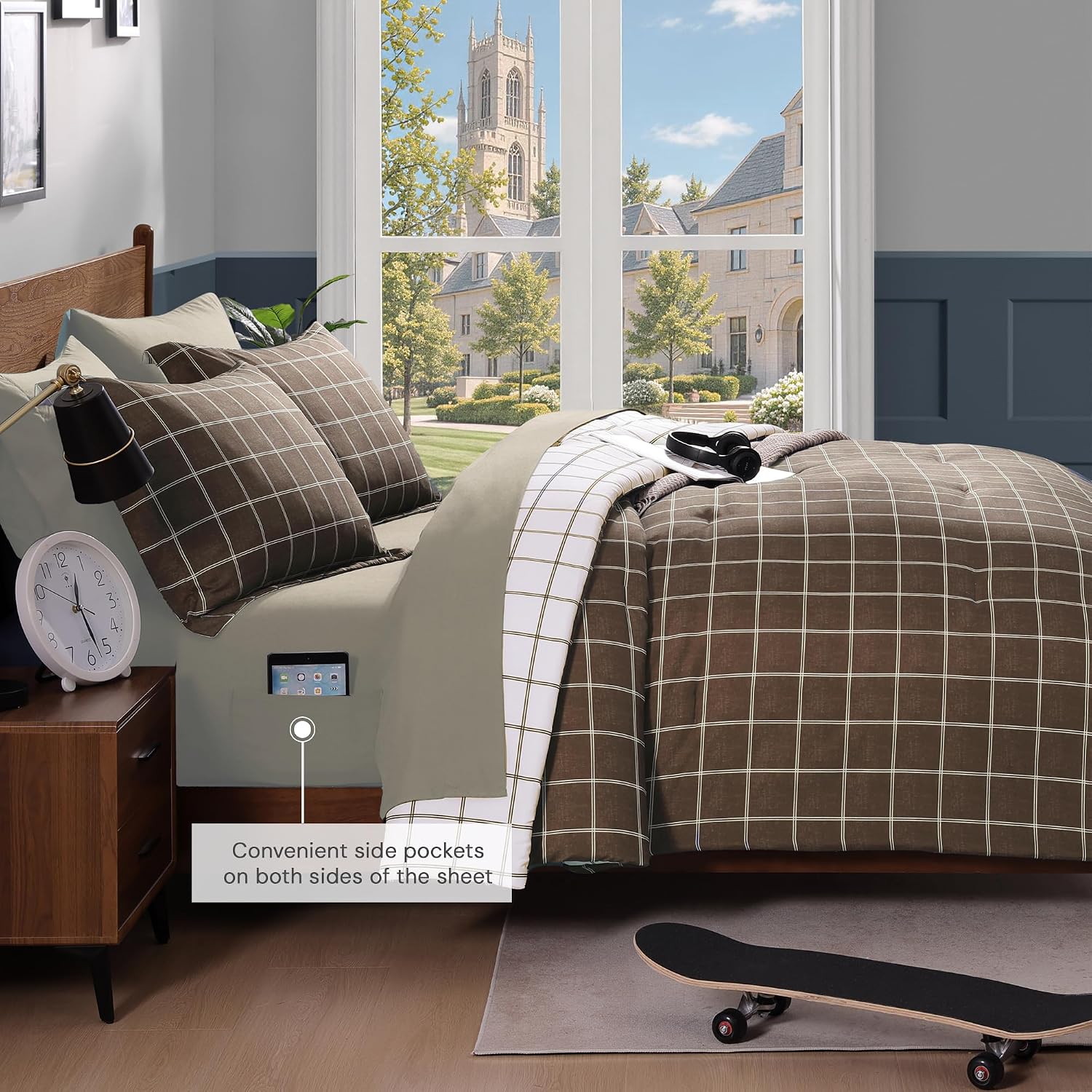 Detalle de AMBERSPACE Plaid Twin XL Comforter Set Brown – Reversible Checkered Bedding, 5-Piece Bed in a Bag