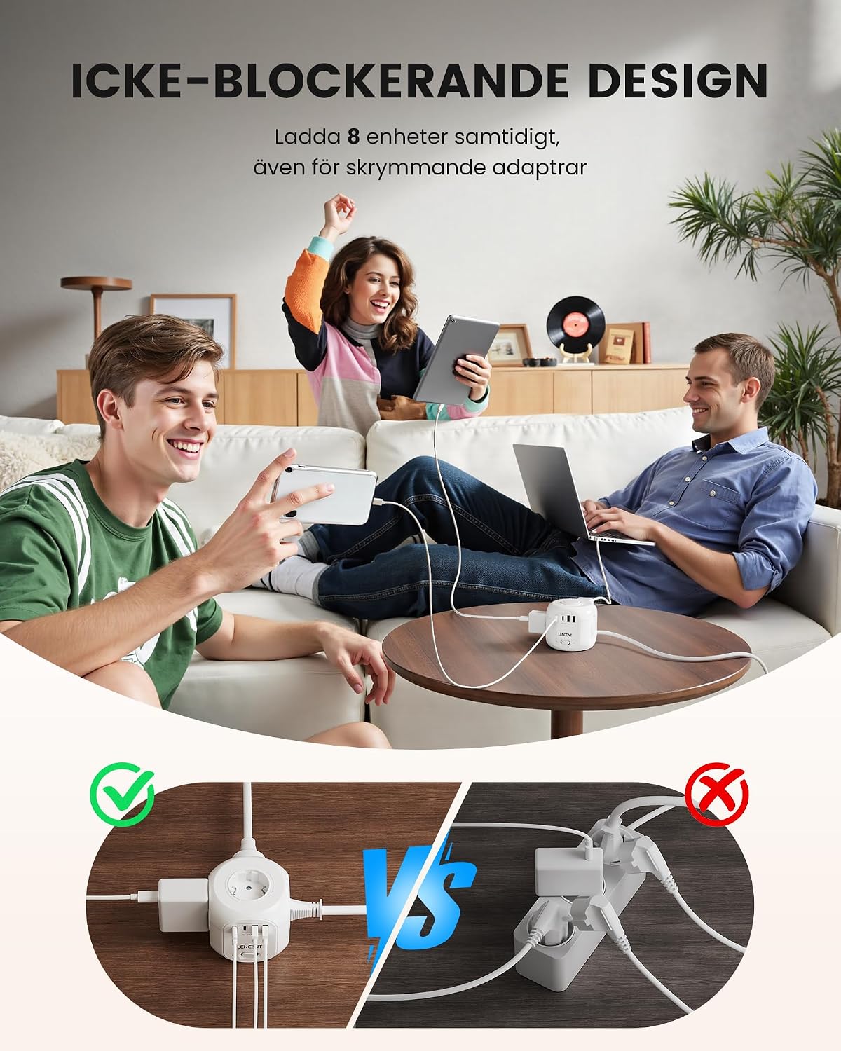 Detalle de LENCENT SL-805E-F-10M grenuttag med 10 m kabel, 4 uttag och USB-C