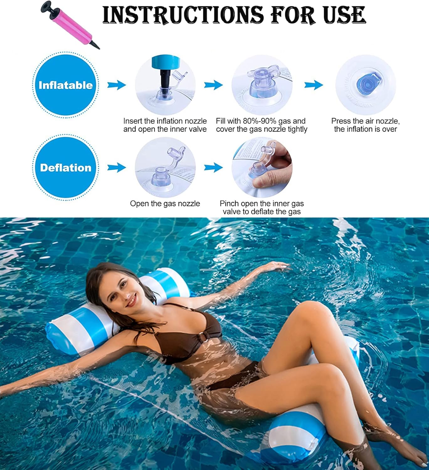 Thumbnail 4 de 2 Pack Pool Hammock Water Hammock for Adults – Inflatable Pool Floats with Manual Air Pump (Blue & Pink)