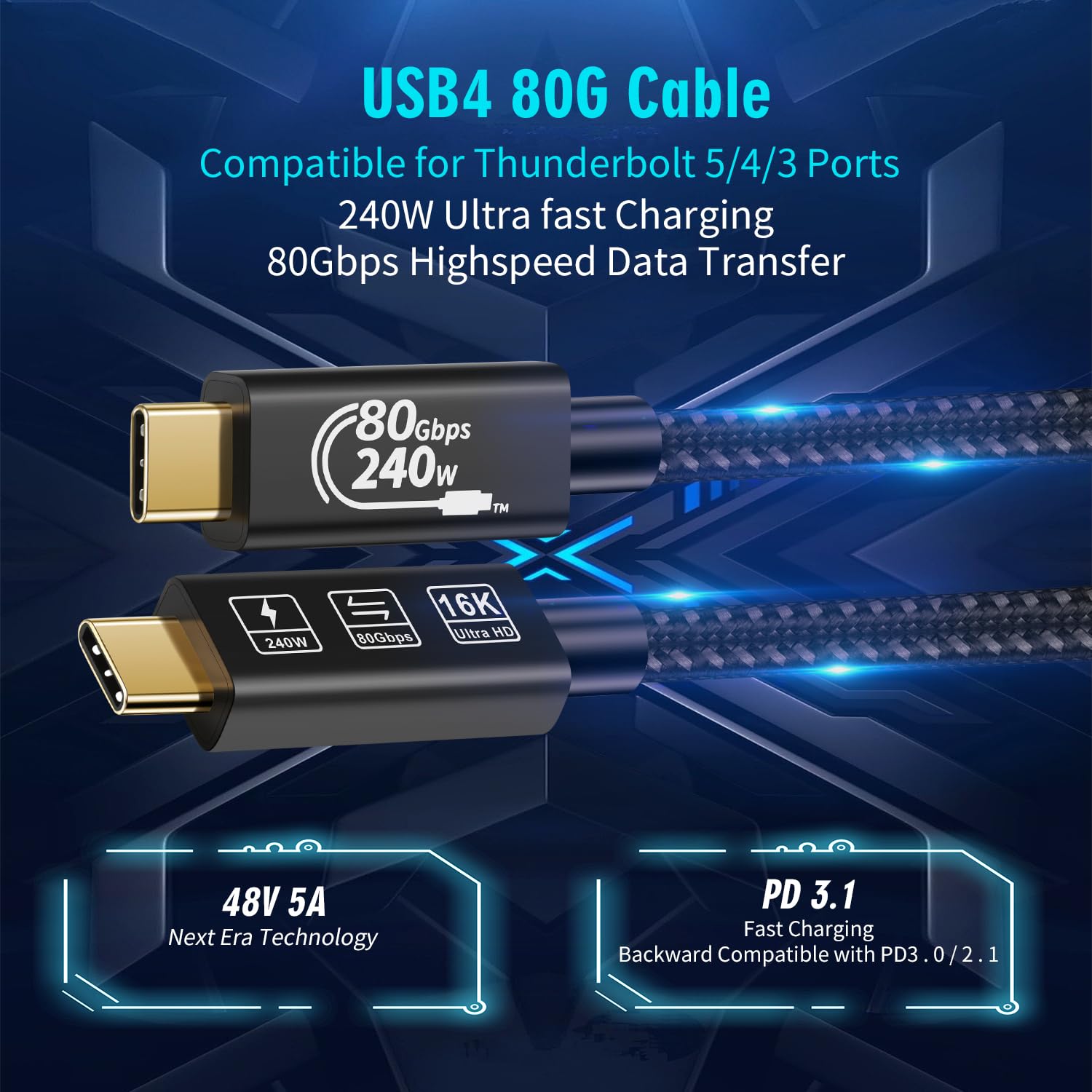 Thumbnail 2 de CHENLENIC USB4 Cable with Thunderbolt 5: 240 W Power, 80 Gbps Data – 1.5 m