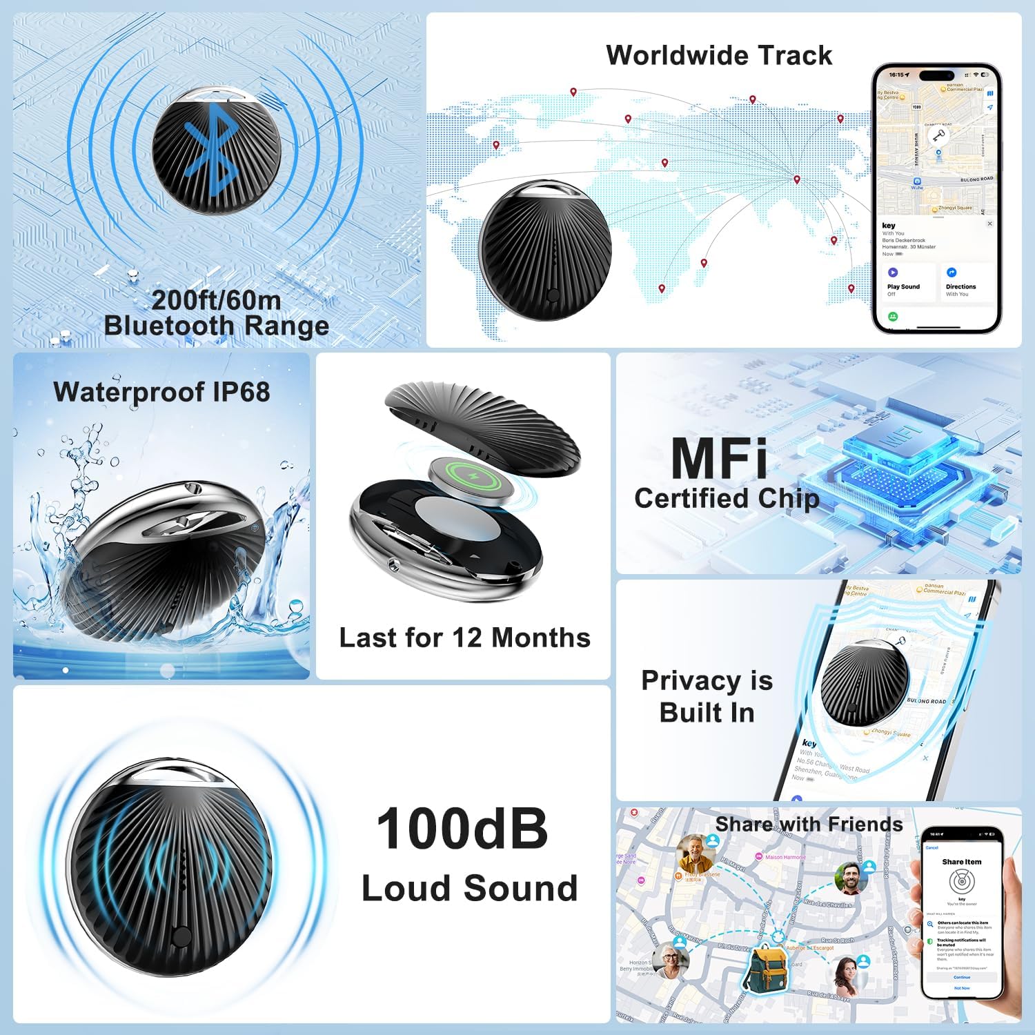 Detalle de Air Traceur Tag Lot de 4 compatible Apple Find My (iOS uniquement) — étanche IP68, alarme 100 dB