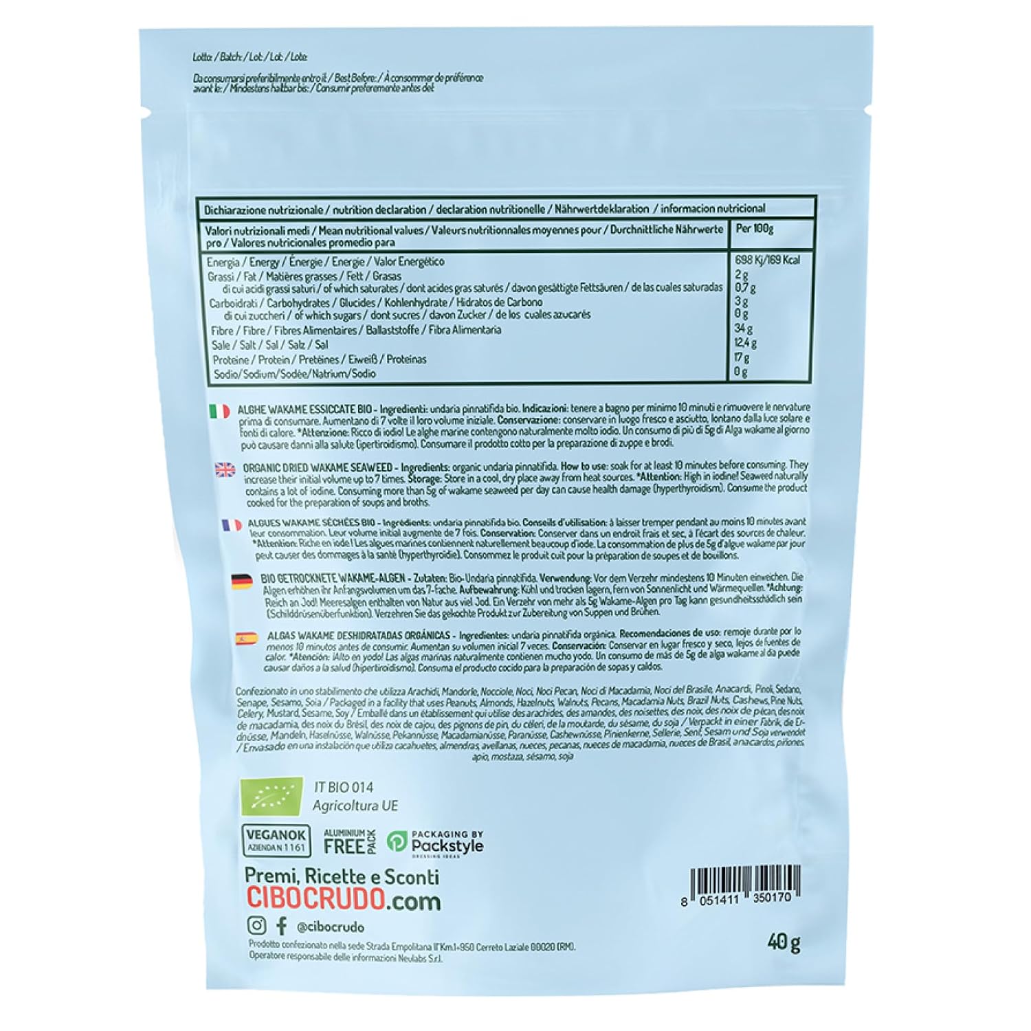 Detalle 2 de Wakame Algen Bio – 40 g Sonnengetrocknetes Seetangblatt für Dashi und Miso-Suppe