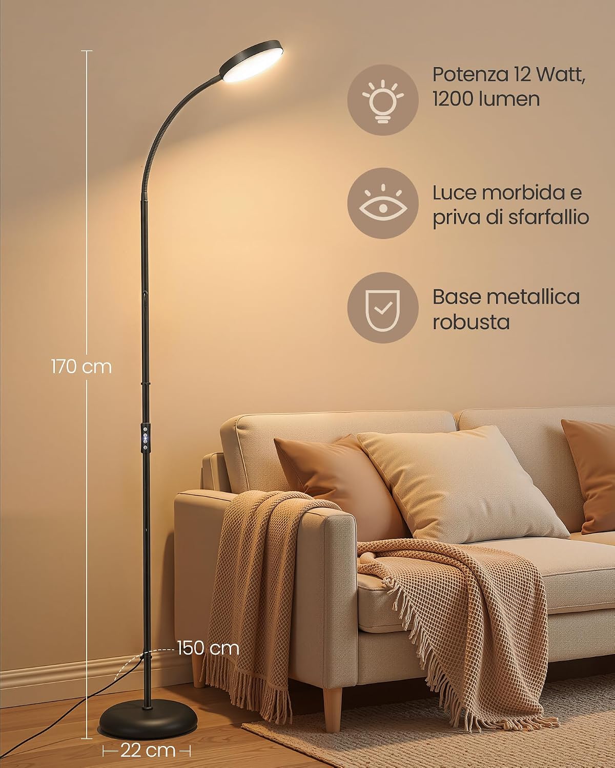Detalle de VASAGLE Lampada da Terra LED in Metallo 170 cm – Piantana Moderna Dimmerabile Nero Opaco Lusia LFL017BD02