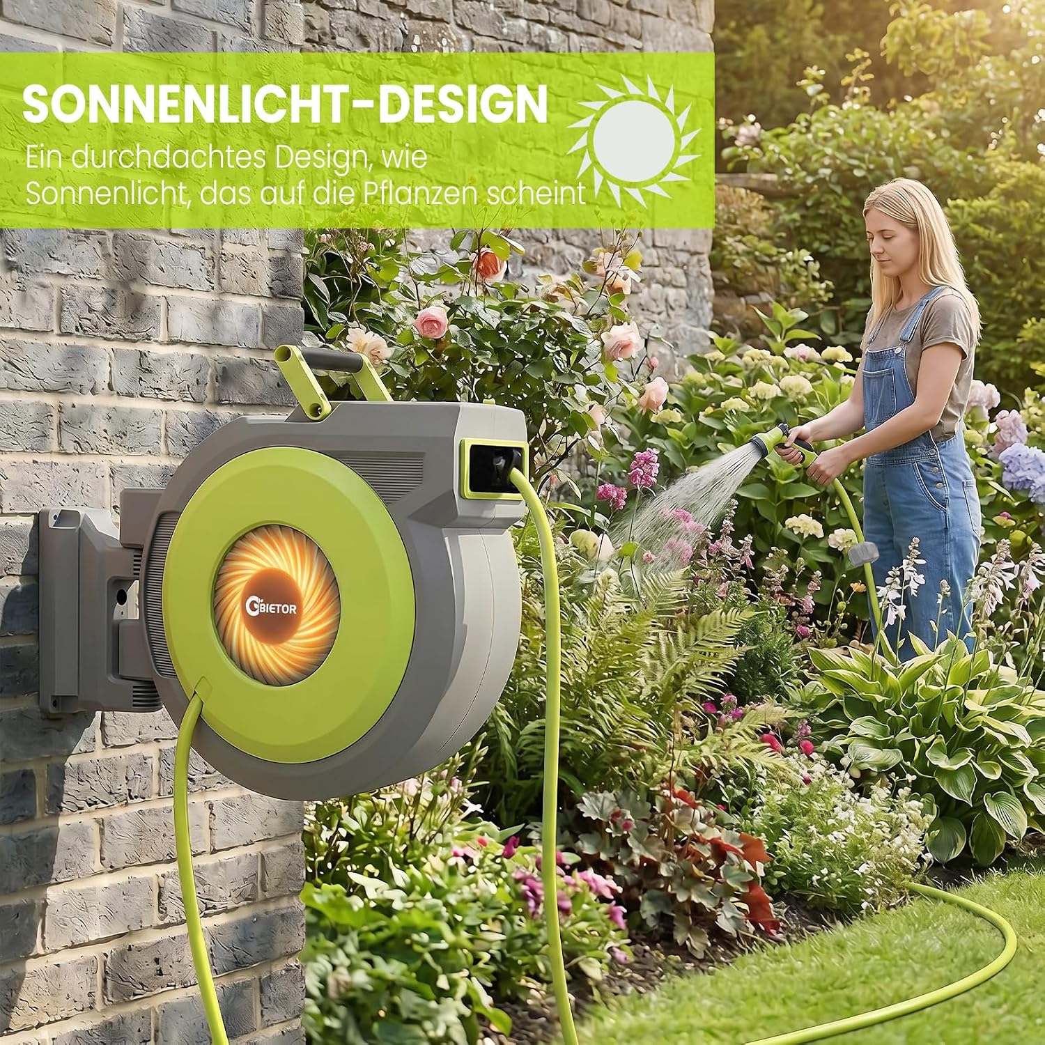 Detalle de Bietor Schlauchtrommel 40m+2m – Wandbox mit 180° Drehung, 9-fach Düse und automatischem Rückzug