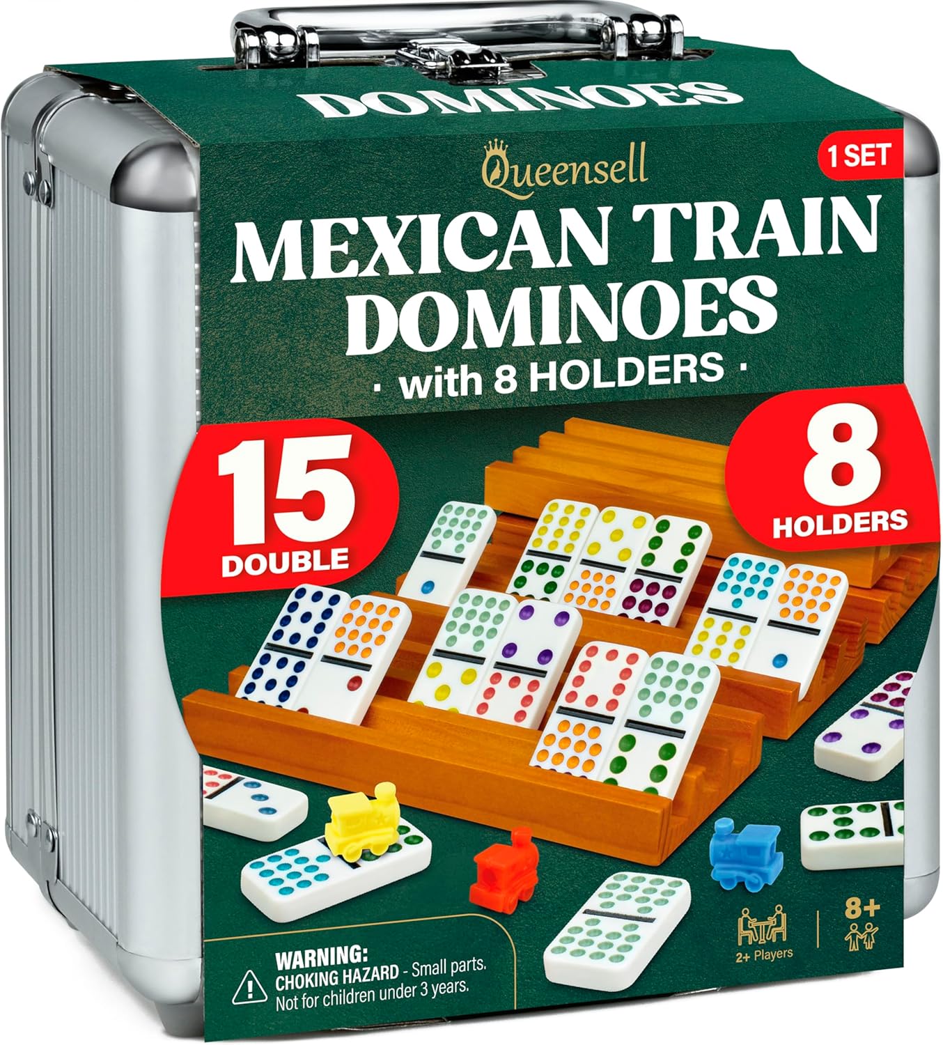 Detalle de Queensell Mexican Train Double-15 Dominoes Set (136 Tiles) with 8 Wooden Holders and Hub