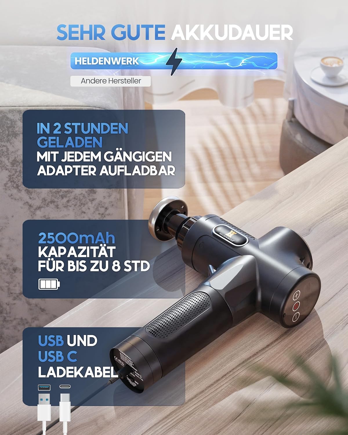 Detalle 2 de HELDENWERK Massagepistole inkl 7 Massageköpfen