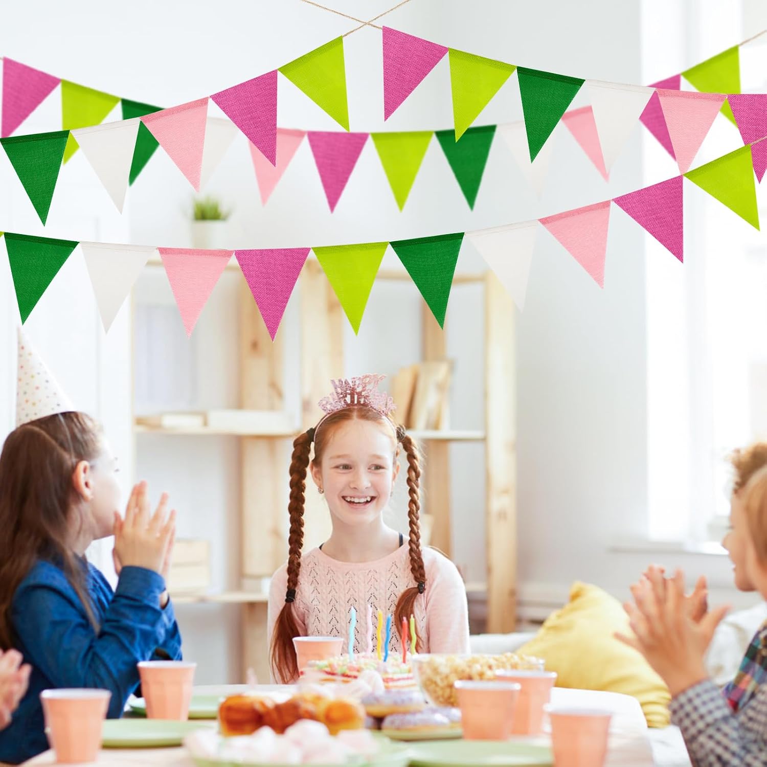Detalle de jijAcraft Pink Green White Burlap Bunting: 60pcs Pre-strung Hessian Banner (20m) for Indoor or Outdoor Decor