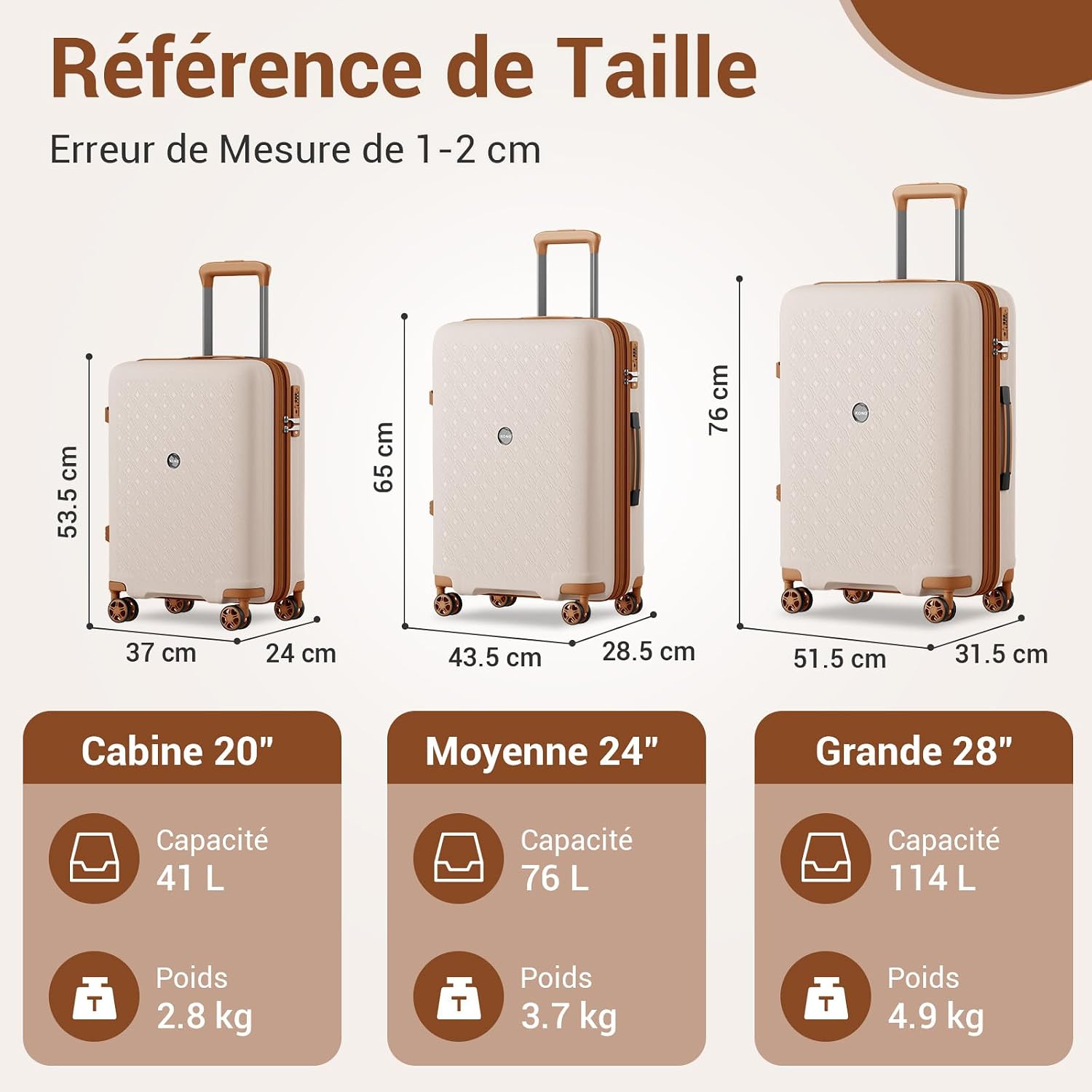 Detalle de Kono valise cabine extensible rigide en polypropylène avec 4 roulettes et serrure TSA (crème/marron)