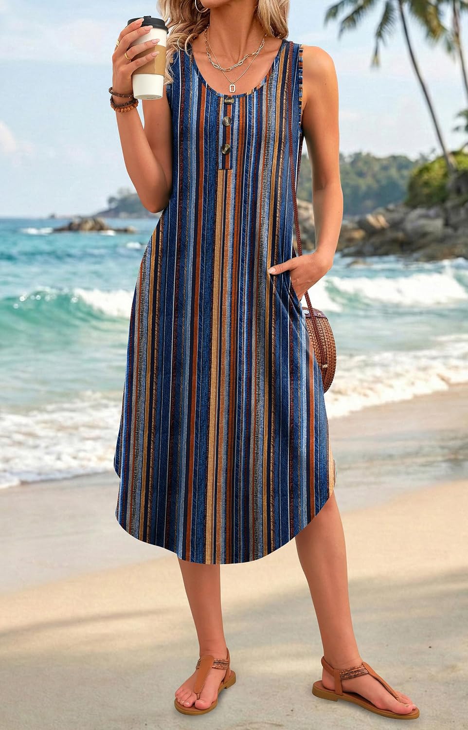 Detalle de WIHOLL Summer Dresses for Women 2026 Button Front Sleeveless Midi Dress with Pockets