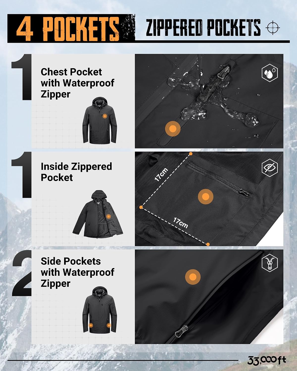 Detalle de 33,000ft Men's Packable Rain Jacket, 10,000mm Waterproof, Breathable Shell