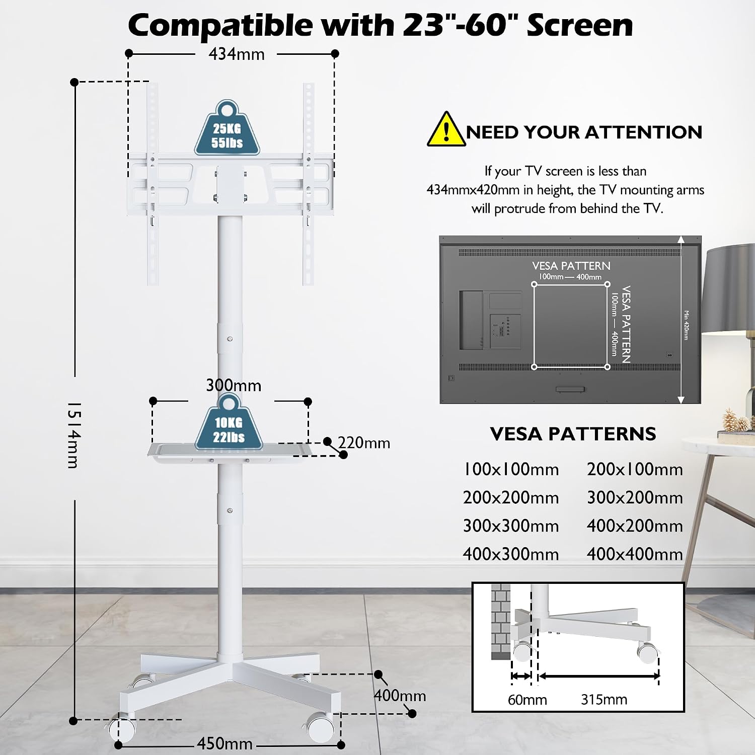 Thumbnail 4 de BONTEC Mobile TV Stand on Wheels for 23–60in TVs (VESA 100×100 to 400×400)