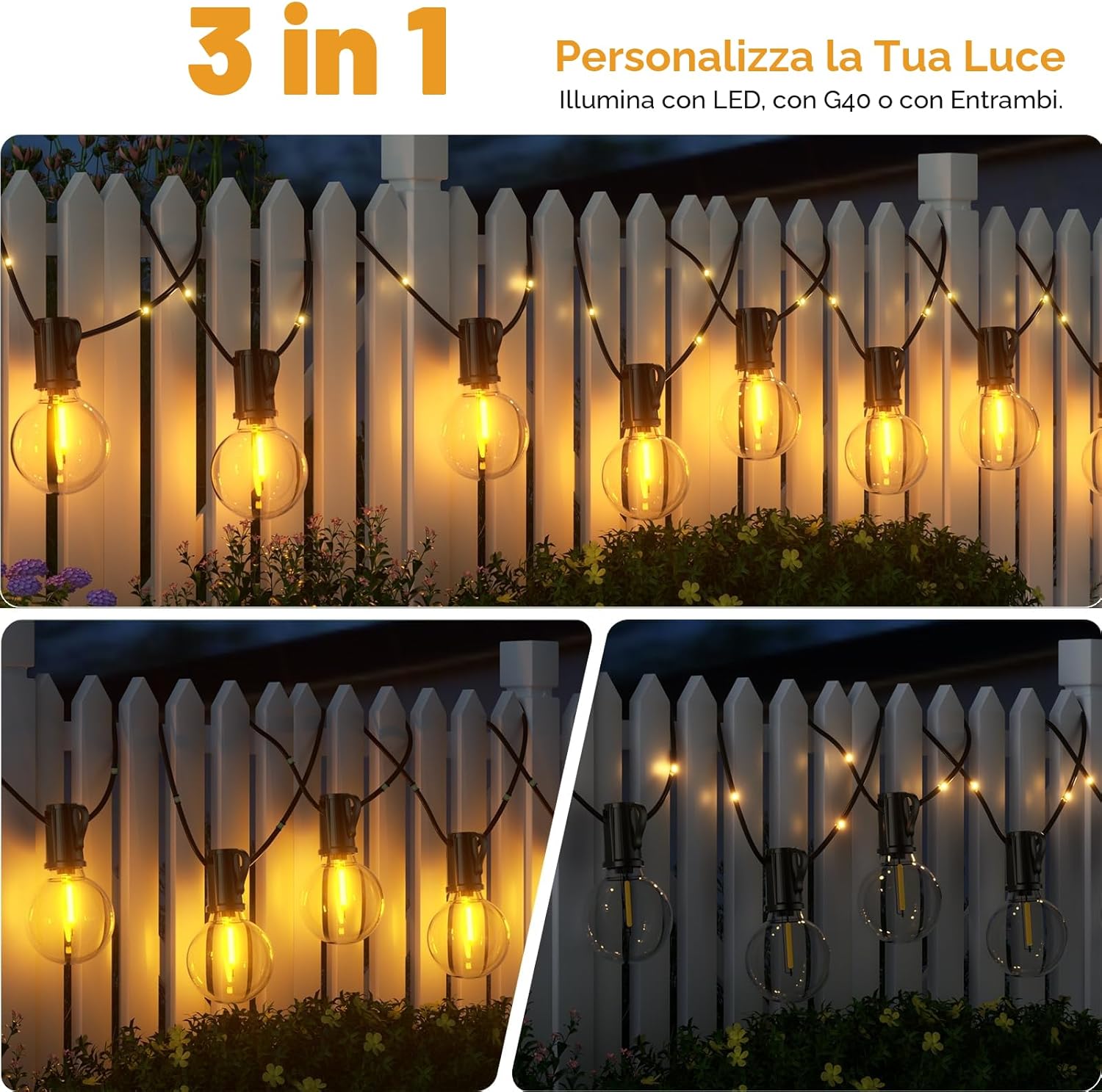 Detalle 2 de Catena Luminosa Solare per Esterno 12 M - 14+1 G40 LED, 19 Modalità, IP44, USB, Telecomando