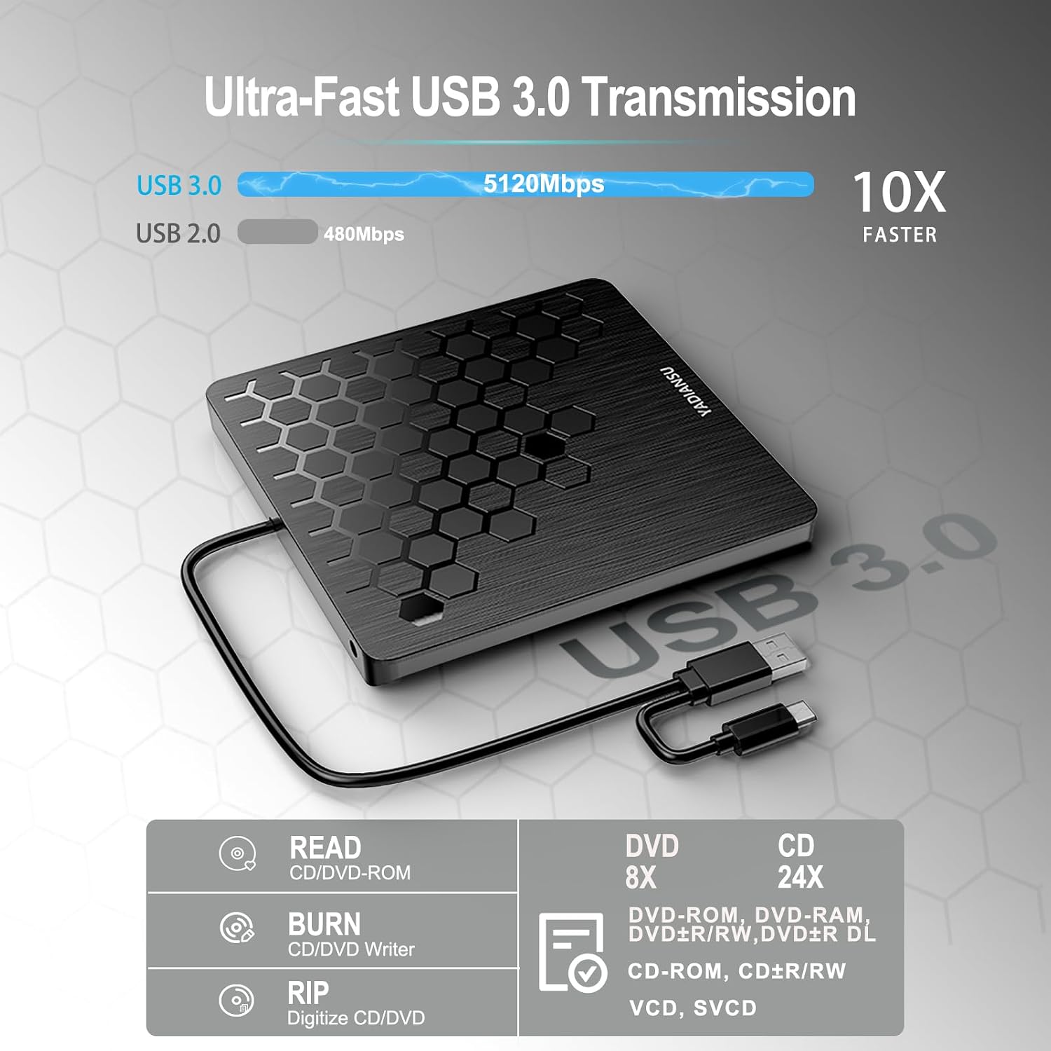 Thumbnail 4 de YADIANSU External CD/DVD Drive: Slim, USB 3.0 & Type-C Portable Reader/Writer