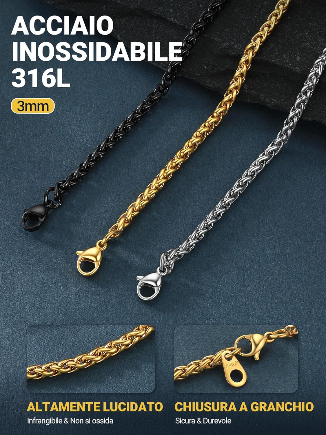 Thumbnail 5 de PROSTEEL Collana 3MM Catenina Uomo in Acciaio 316L – Dente di Drago, lunghezze 46–76 cm