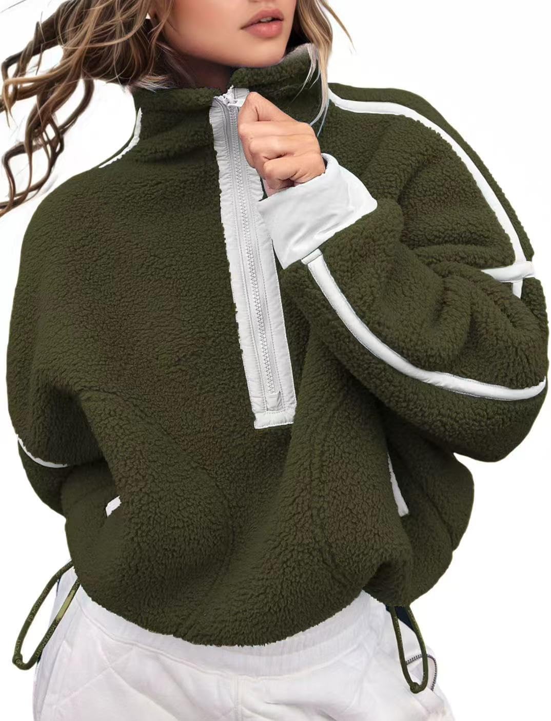 Detalle de Kumufenc Women's Half-Zip Fleece Pullover with Cropped Fit and Pockets