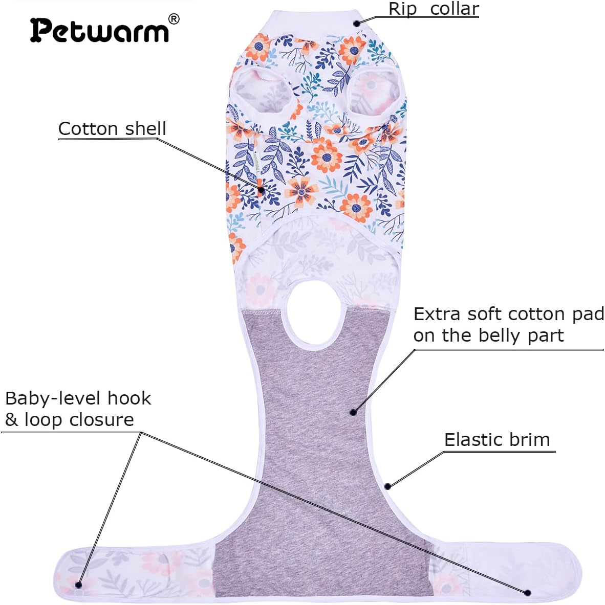 Detalle de PetWarm Dog Surgical Recovery Suit: Flower Pattern Orange, Size S