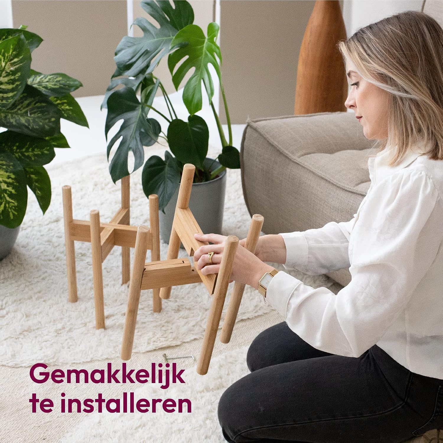 Detalle de Gadgy GG0913-UK plantenstandaard, set van 2 van bamboe, verstelbaar Ø 20–30 cm