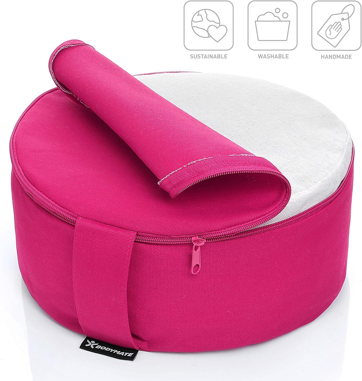Detalle de BODYMATE Round Yoga and Meditation Cushion, 31 cm, Adjustable Buckwheat Filling