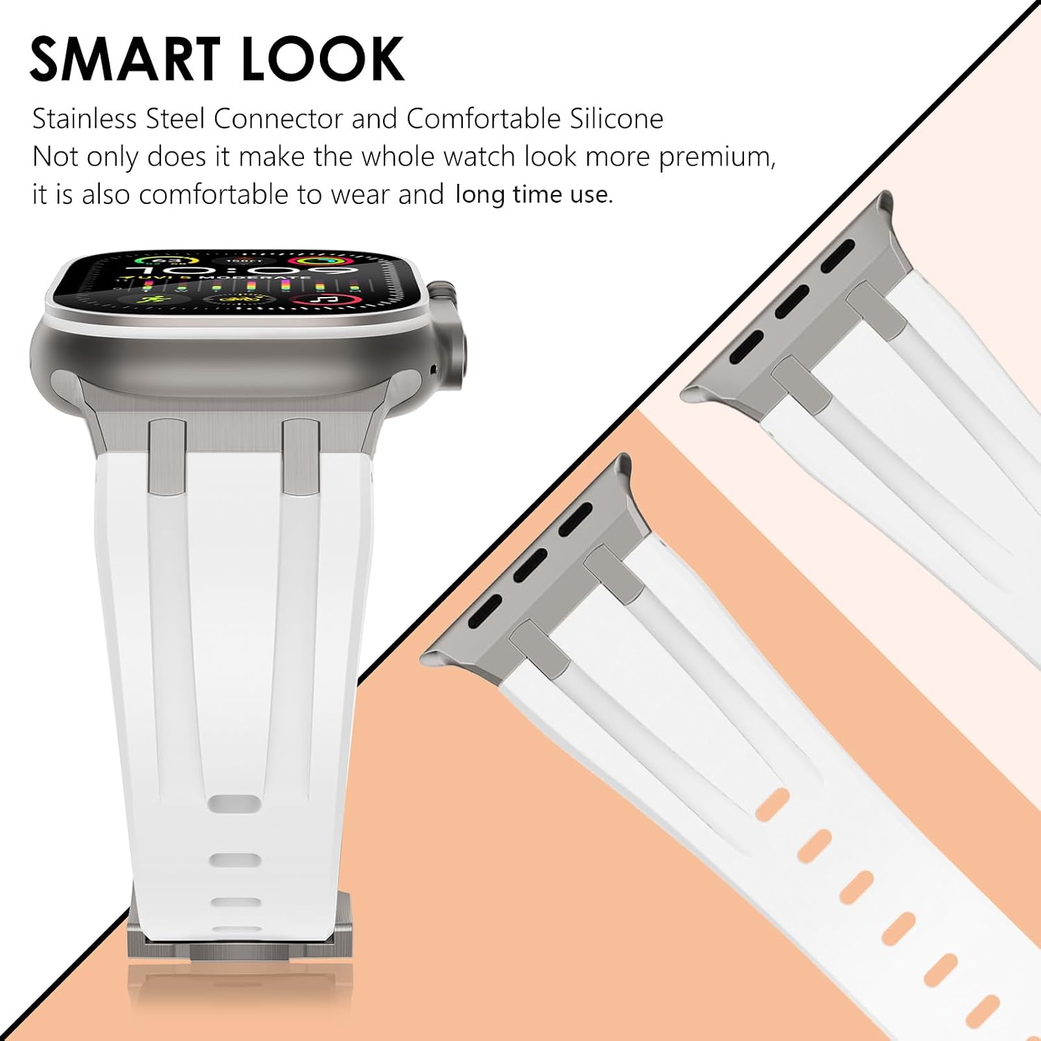 Detalle 2 de NewWays silicone strap with stainless steel connectors (White/Titanium) for Apple Watch 42mm/41mm/40mm/38mm