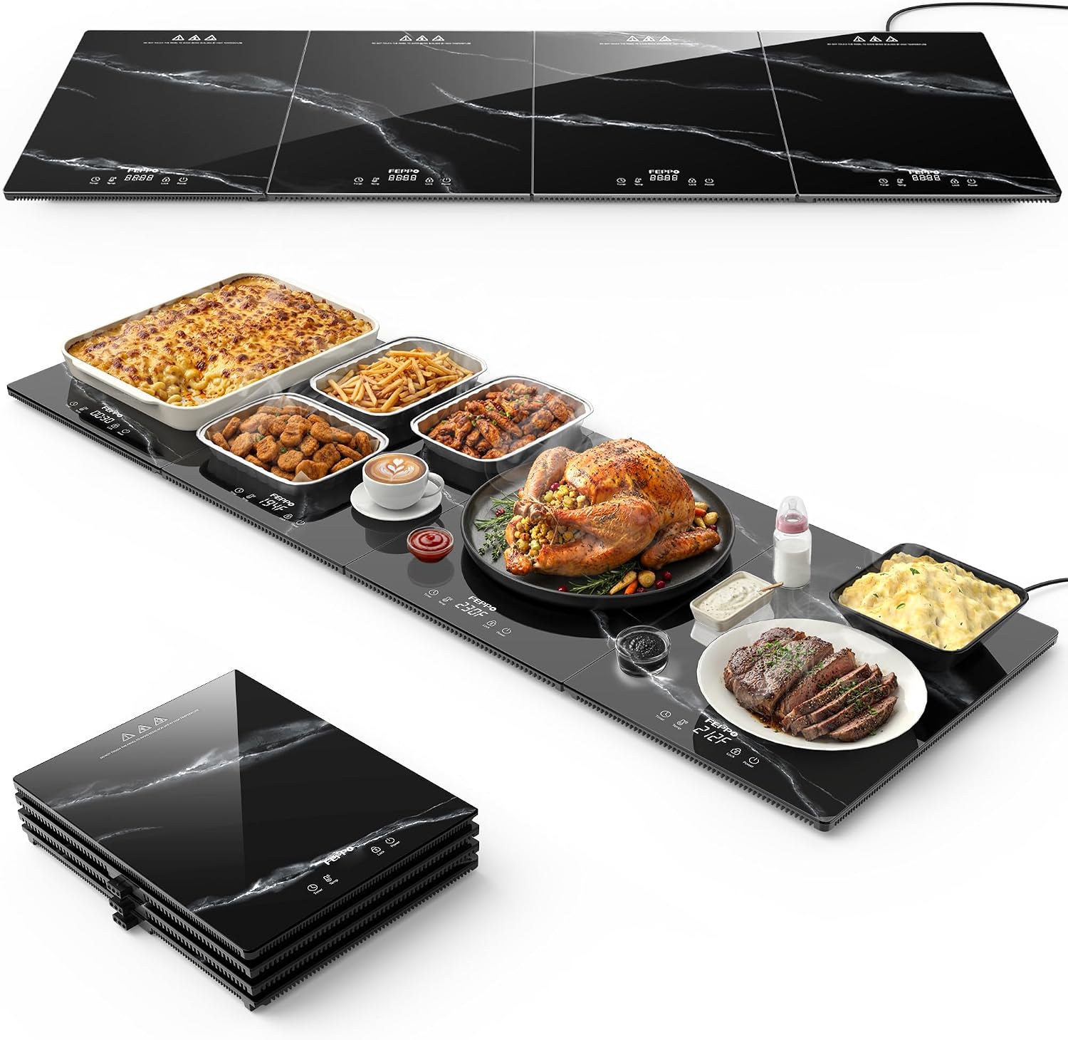 Detalle de FEPPO HF-PJ03-4 Electric Warming Tray, 47" x 15" Modular Glass Surface