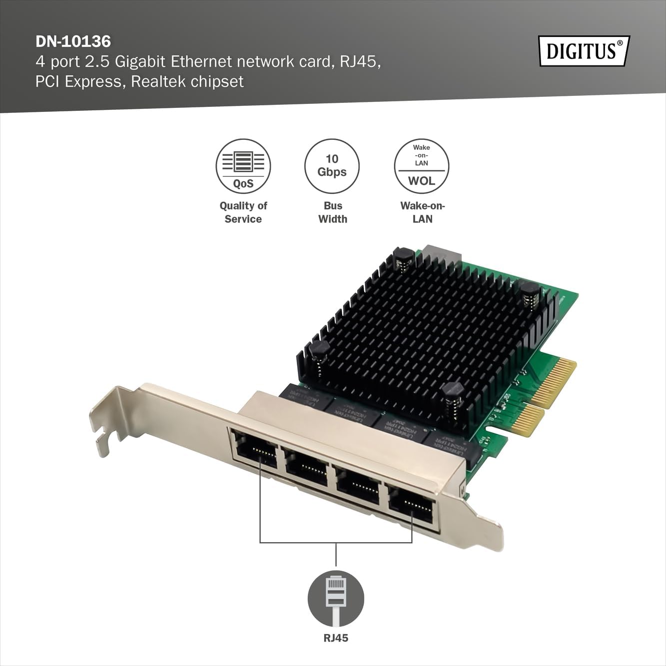 Thumbnail 1 de DIGITUS DN-10136 – czteroportowa karta sieciowa PCIe 2,5G, RJ45, RTL8125B