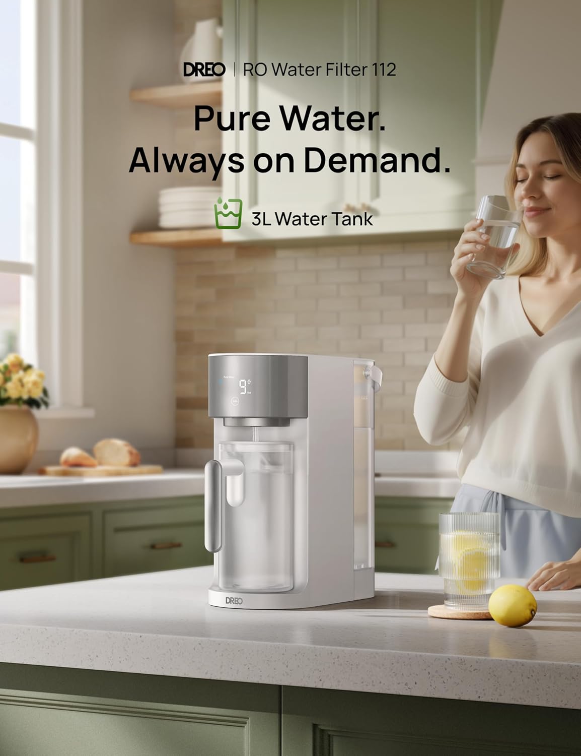 Detalle 2 de Dreo Countertop Reverse Osmosis Water Filter (RO) with 3:1 Pure-to-Drain Autofill Pitcher