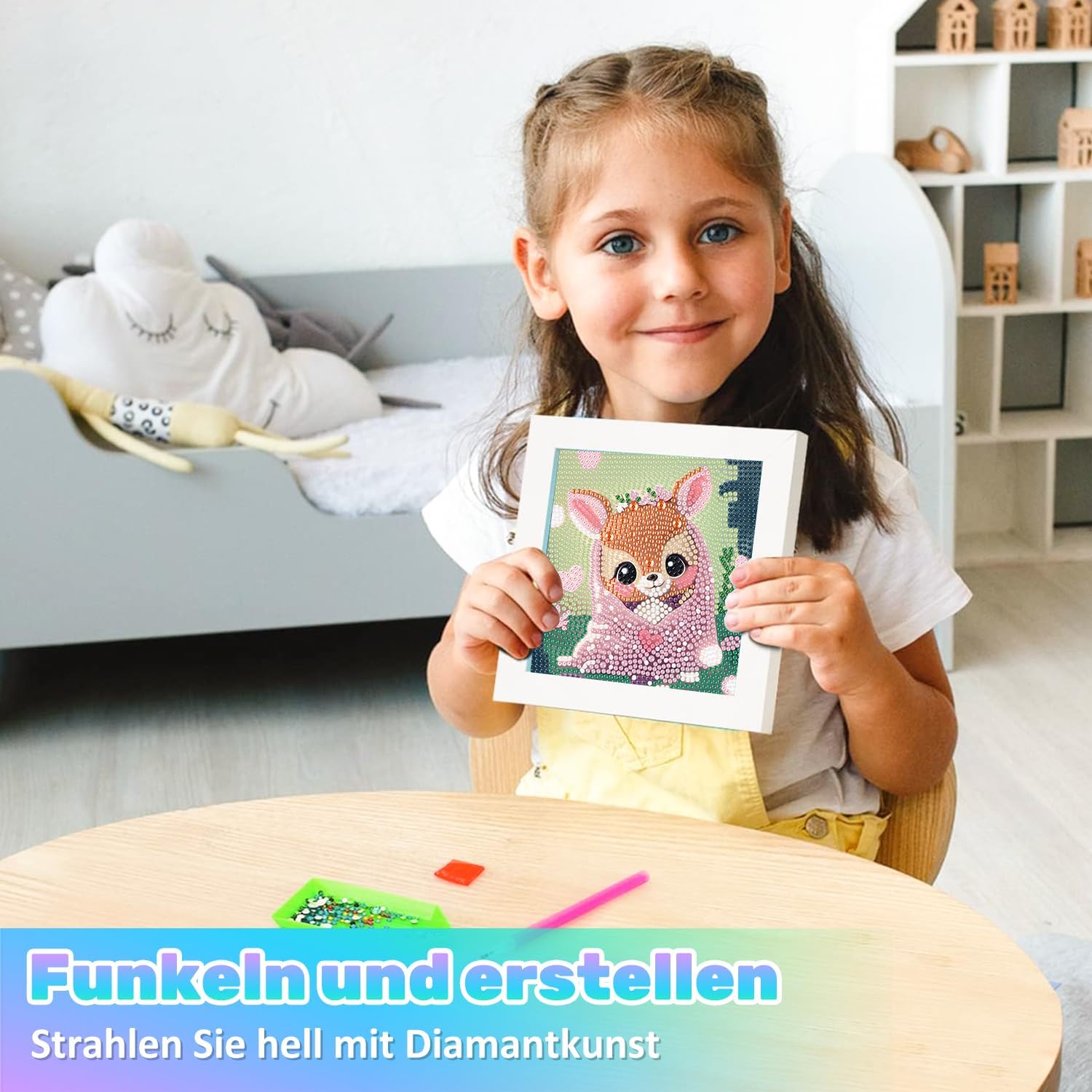 Detalle de Daisen Art Diamond Painting Kinder mit Rahmen – 5D Reh Diamond Painting Set (18x18 cm)