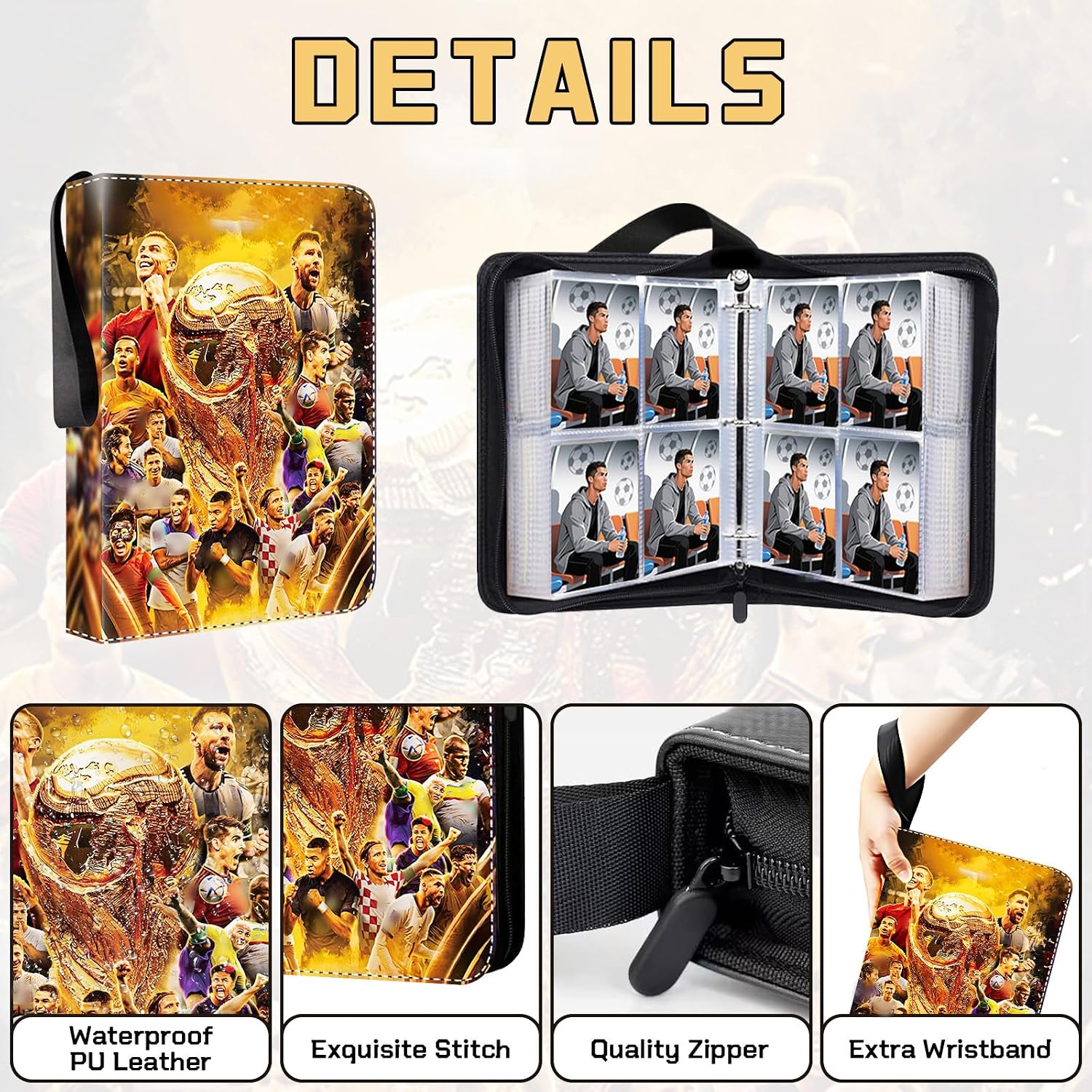 Detalle de Sammelalbum für Fußballkarten mit 440 Sammelkarten & 55 Seiten (4 Taschen) – wasserdichtes PU-Leder, mit Reißverschluss