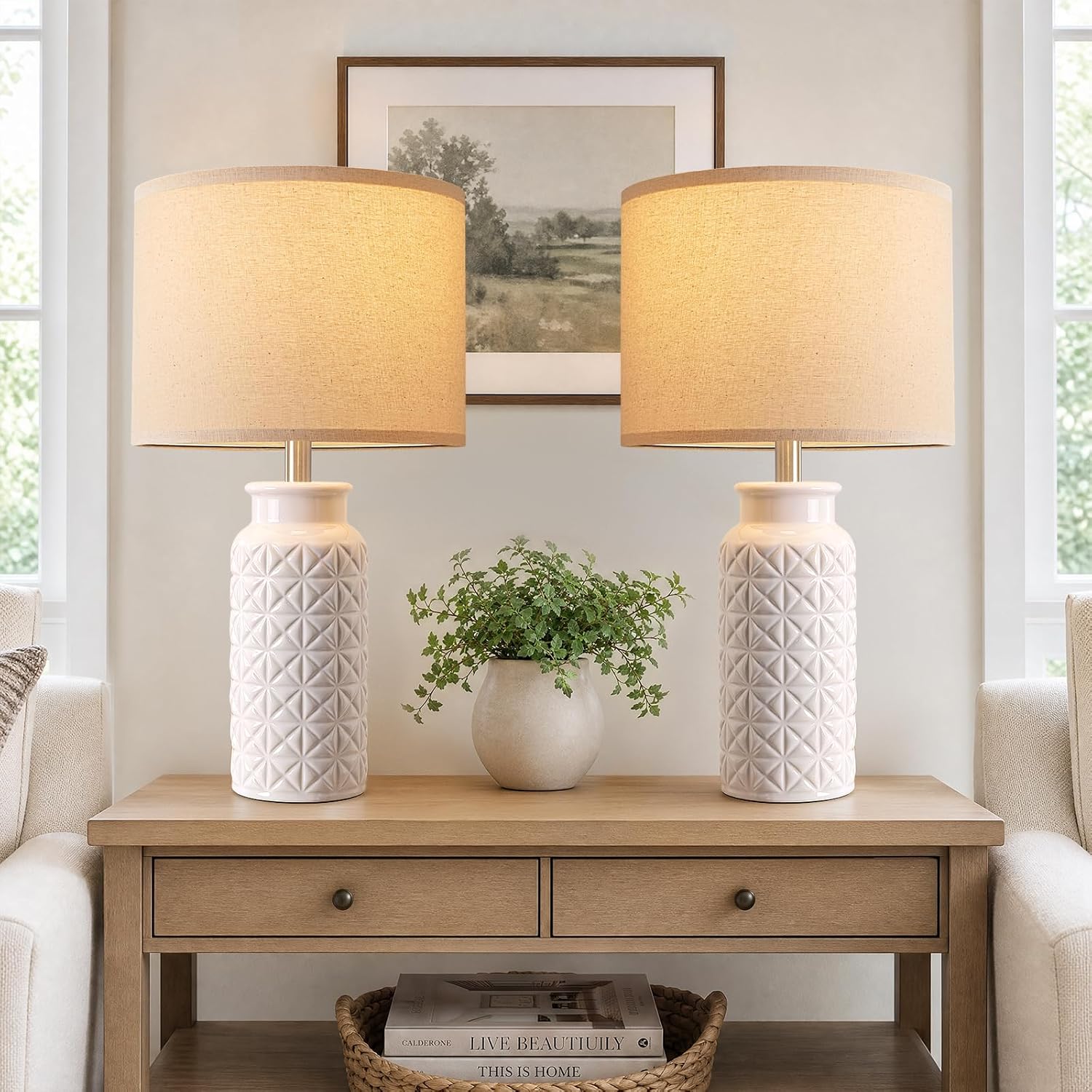 Detalle de Innqoo 22.6-Inch Ceramic Table Lamps, Set of 2, White Linen Shades