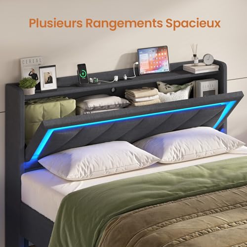 Detalle de KIMENICH Cadre de Lit 140x190 – Lit flottant avec éclairage LED, rangement et station de charge intégrée