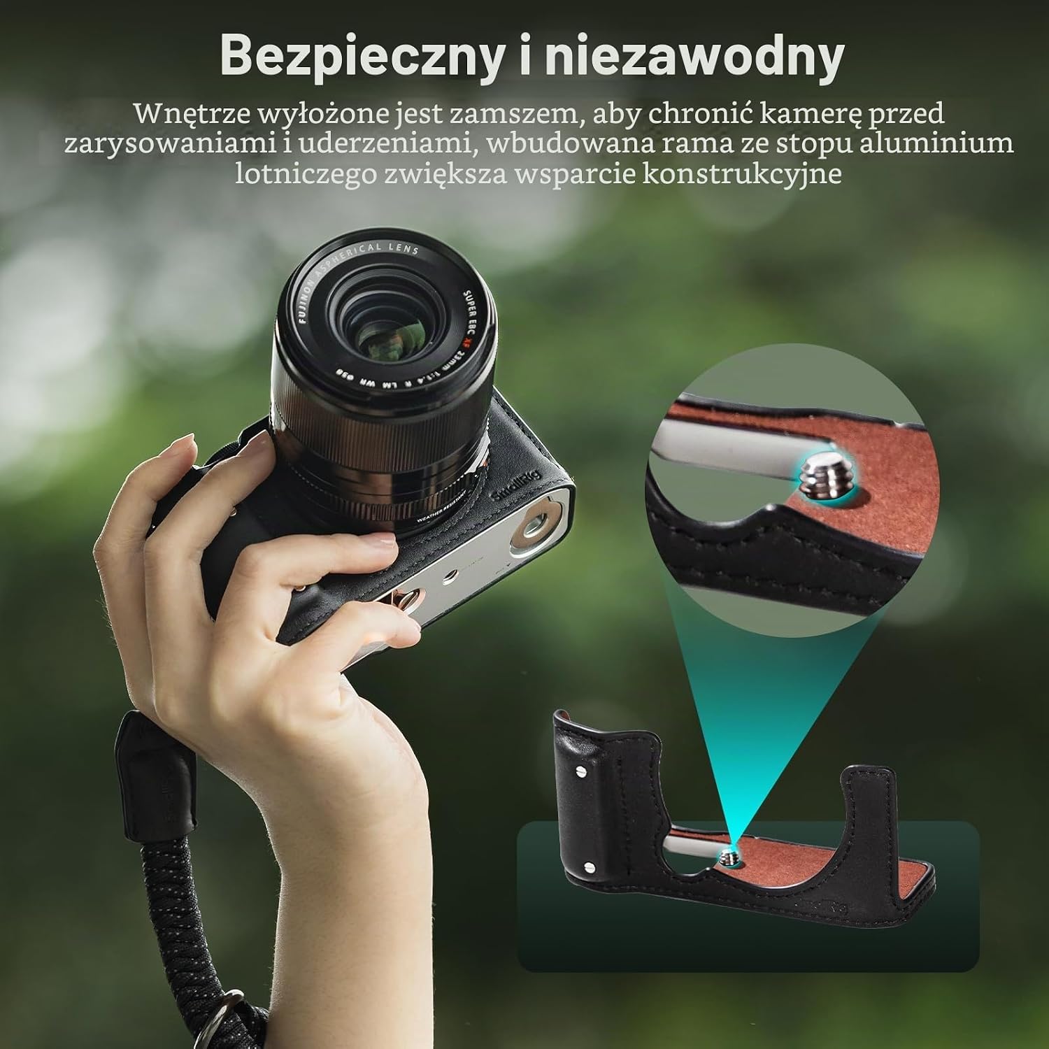 Detalle de SMALLRIG 4879 skórzane półetui z paskiem do FUJIFILM X-M5, czarne