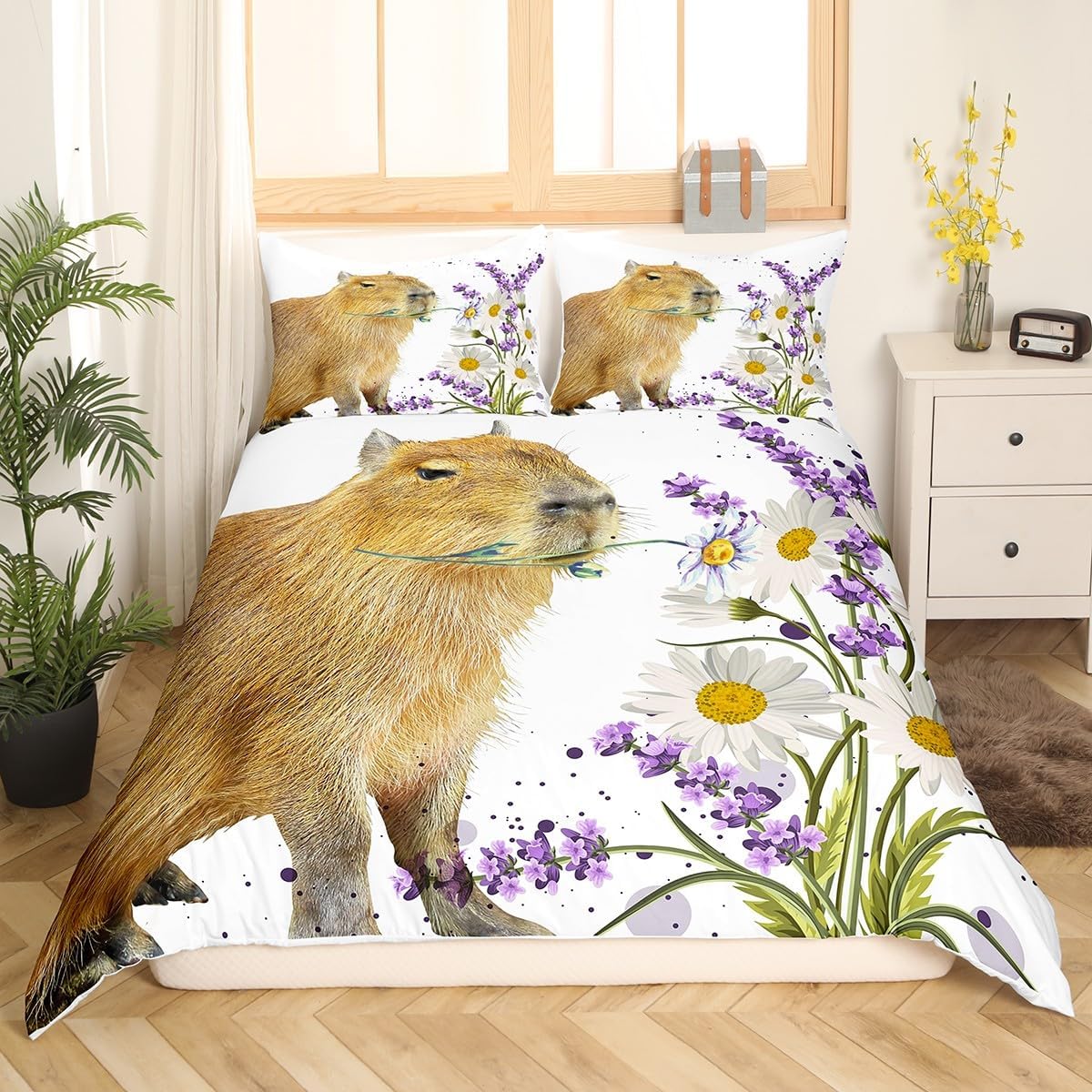 Thumbnail 1 de Capybara Lover Bettwäsche-Set (135x200) mit Kissenbezug – Lila Lavendel-Daisy Motiv