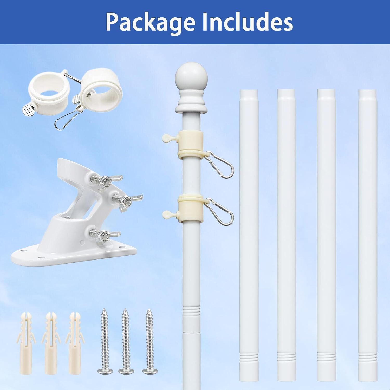 Detalle de Barcetine 01 White Flag Pole Kit, 5–6 ft, Rotating Rings, 2-Position Bracket