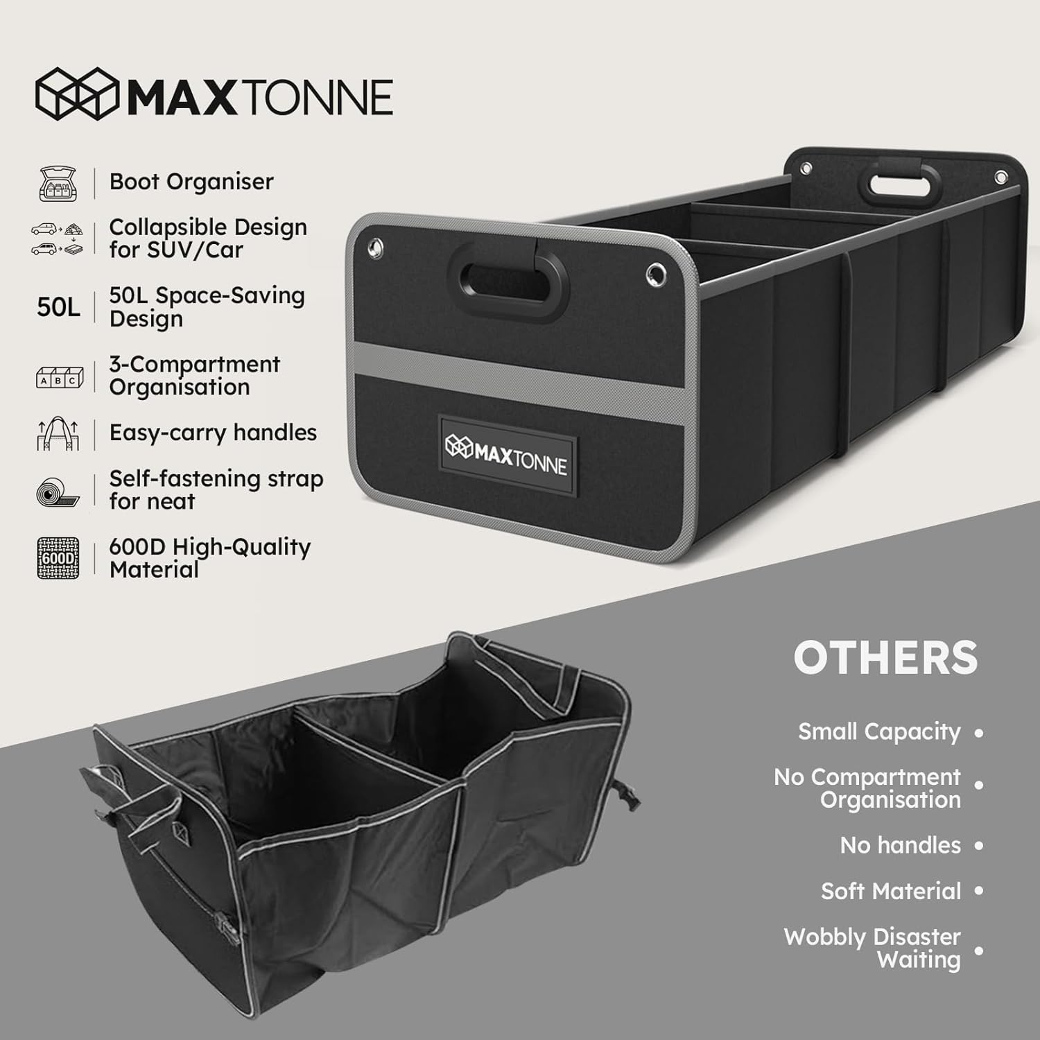 Thumbnail 4 de Maxtonne Car Boot Organiser: Heavy-Duty 50L 3-Compartment Storage for SUVs and Hatchbacks