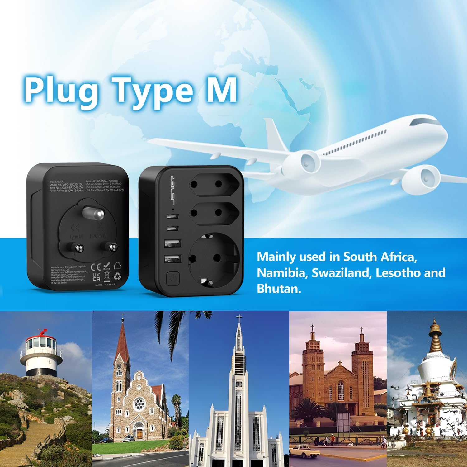 Detalle 2 de JSVER Reiseadapter Südafrika Typ M – 7-in-1 Steckdosenadapter mit 2 USB-C und 2 USB-A