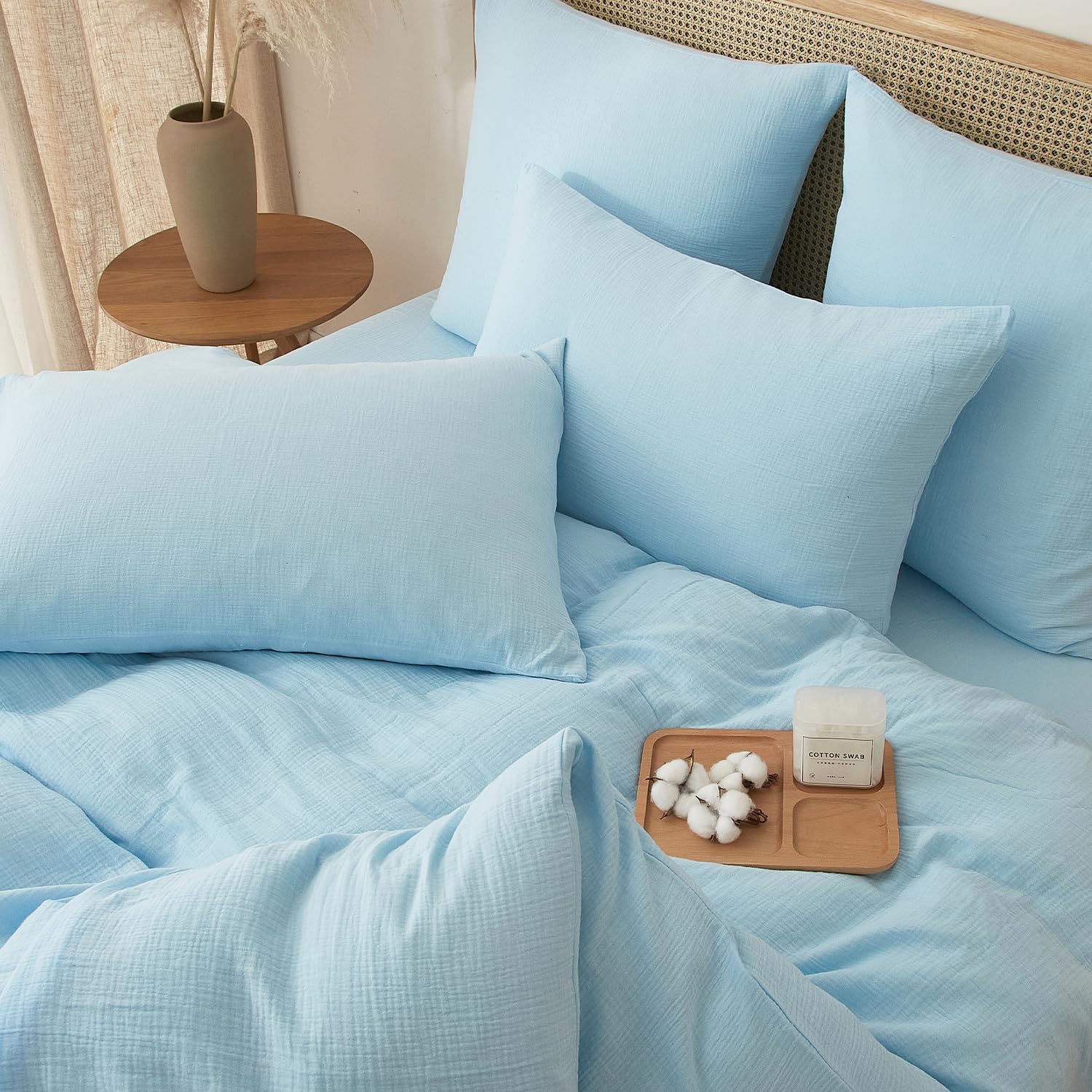 Thumbnail 5 de Luofanfei Housse de Couette en Gaze de Coton 240 x 220 cm – Bleuet Clair, Ensemble 2 Personnes + 2 Taies 65 x 65 cm